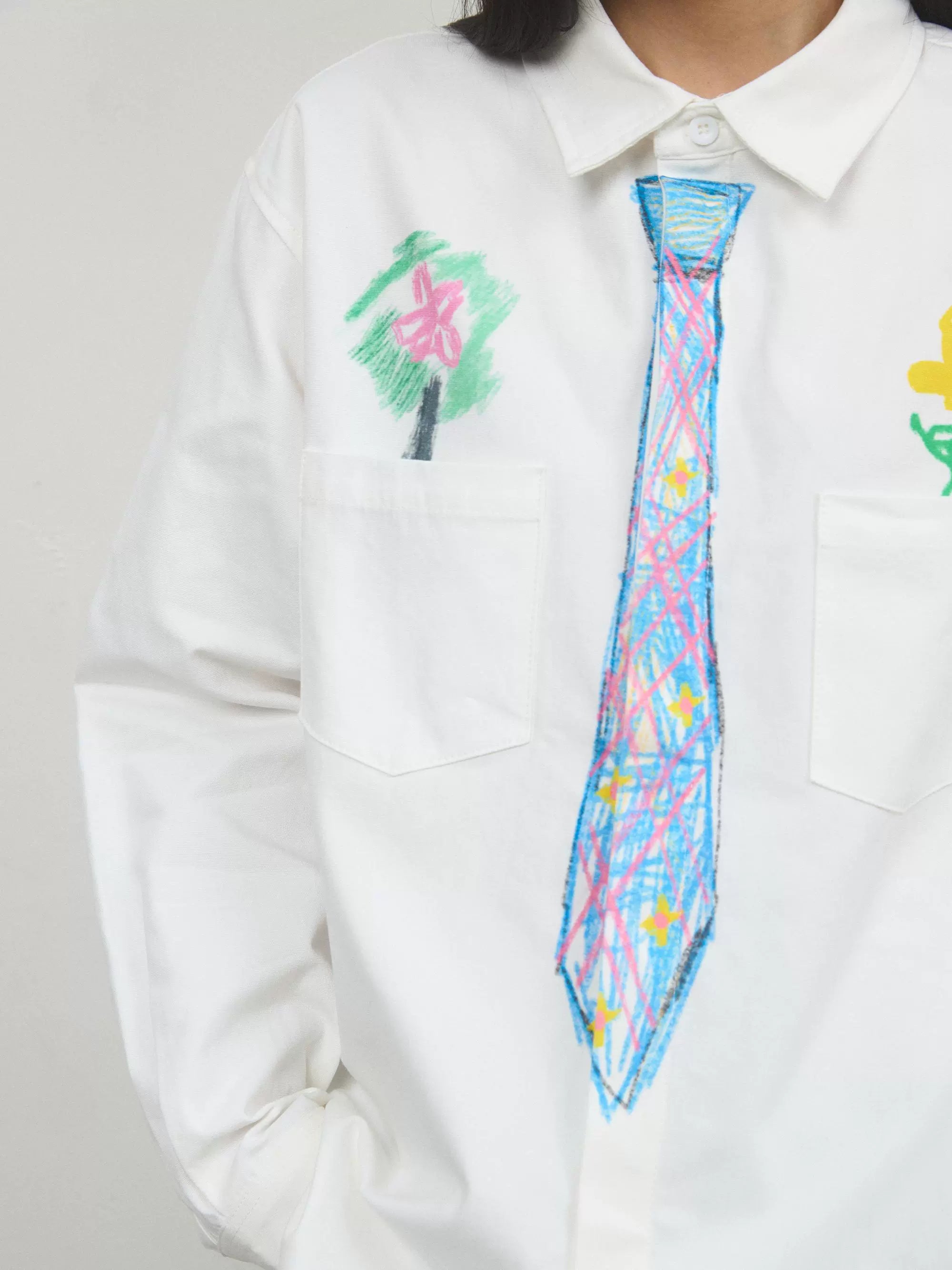 “追梦”| eeee创意设计感蜡笔手绘领带衬衫趣味学院风涂鸦衬衣春