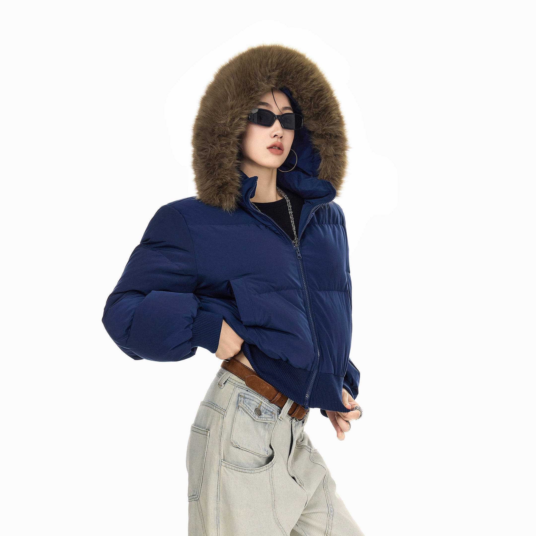 ICH MODE 美式复古大毛领连帽棉服女2025新款秋冬季修身开衫棉袄