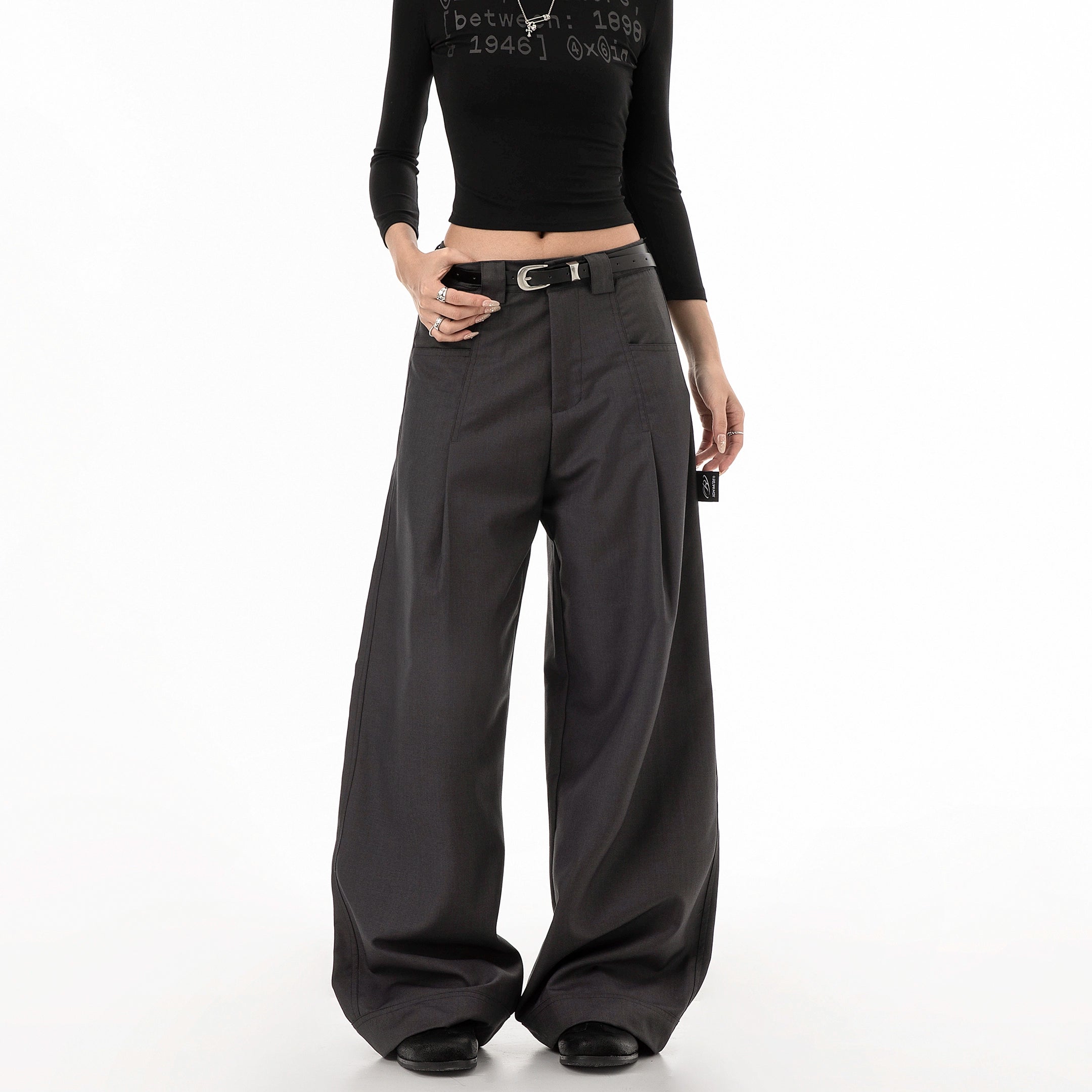 ICH MODE 美式复古刺绣休闲裤女秋冬宽松直筒裤阔腿裤垂感西装裤