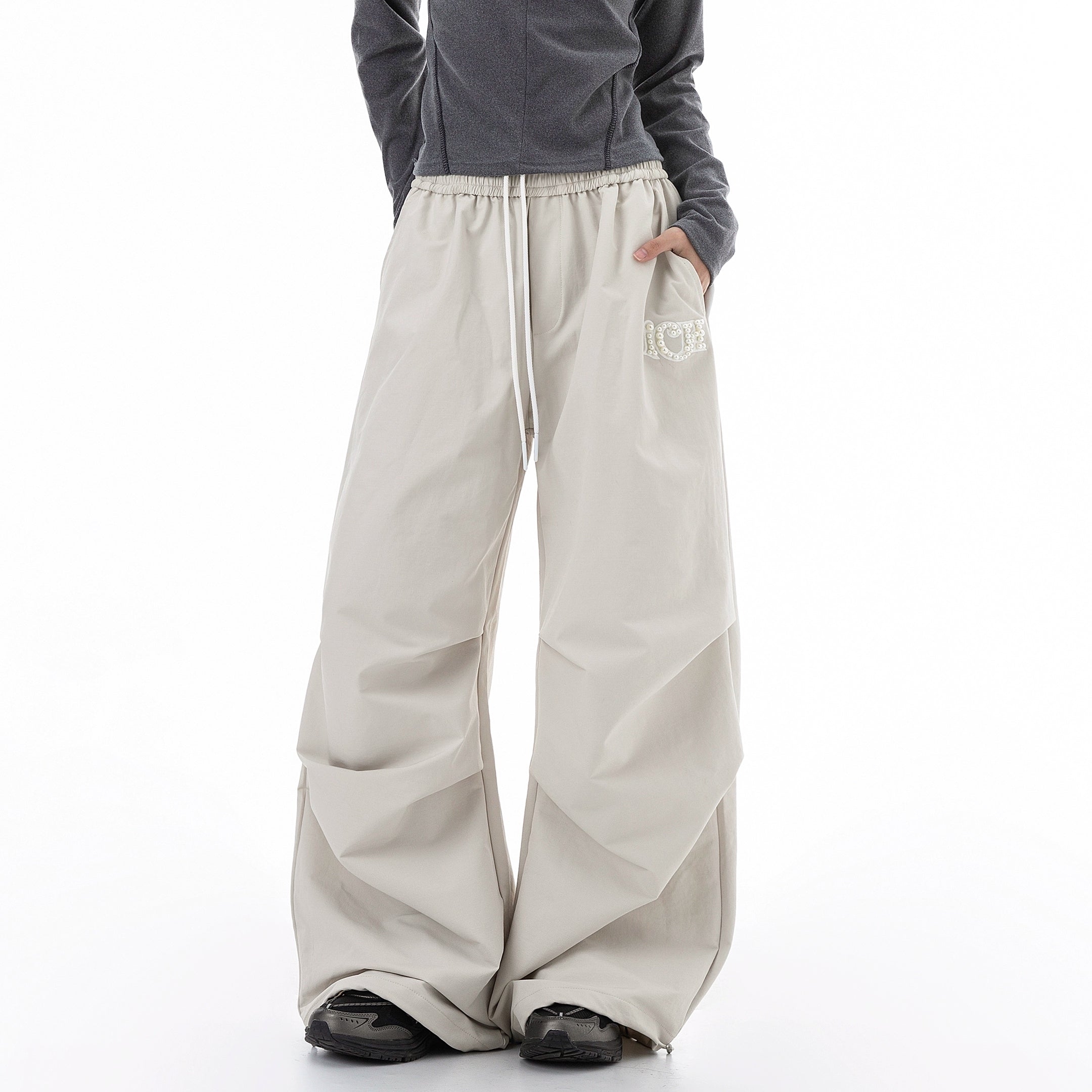 ICH MODE 美式复古珍珠休闲裤女宽松伞兵裤直筒裤阔腿弯刀运动裤