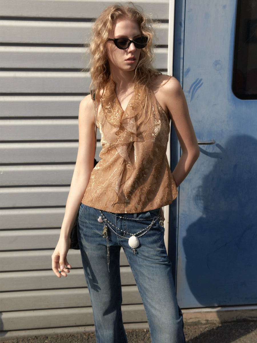 2th Desire荷叶边露背挂脖背心女夏独特宽松吊带无袖辣妹上衣外穿