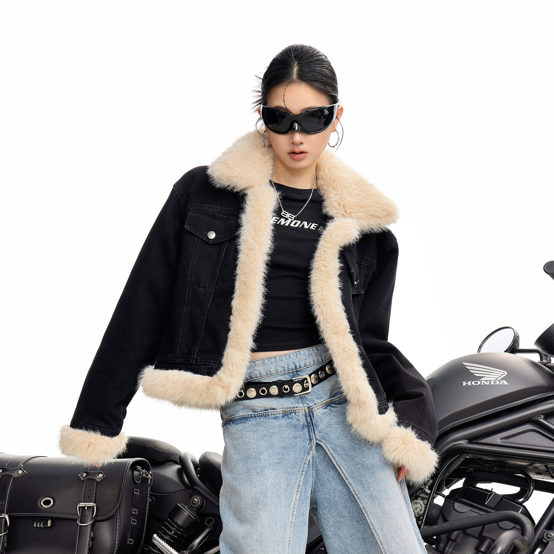 ICH MODE 美式复古毛领短款牛仔外套女秋冬季小香风夹克棉服上衣