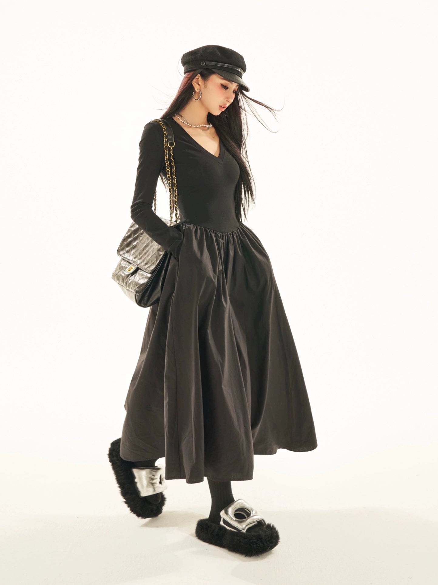 野生zerocircle黑白色v领长袖连衣裙女春夏辣妹修身显瘦a字长裙子