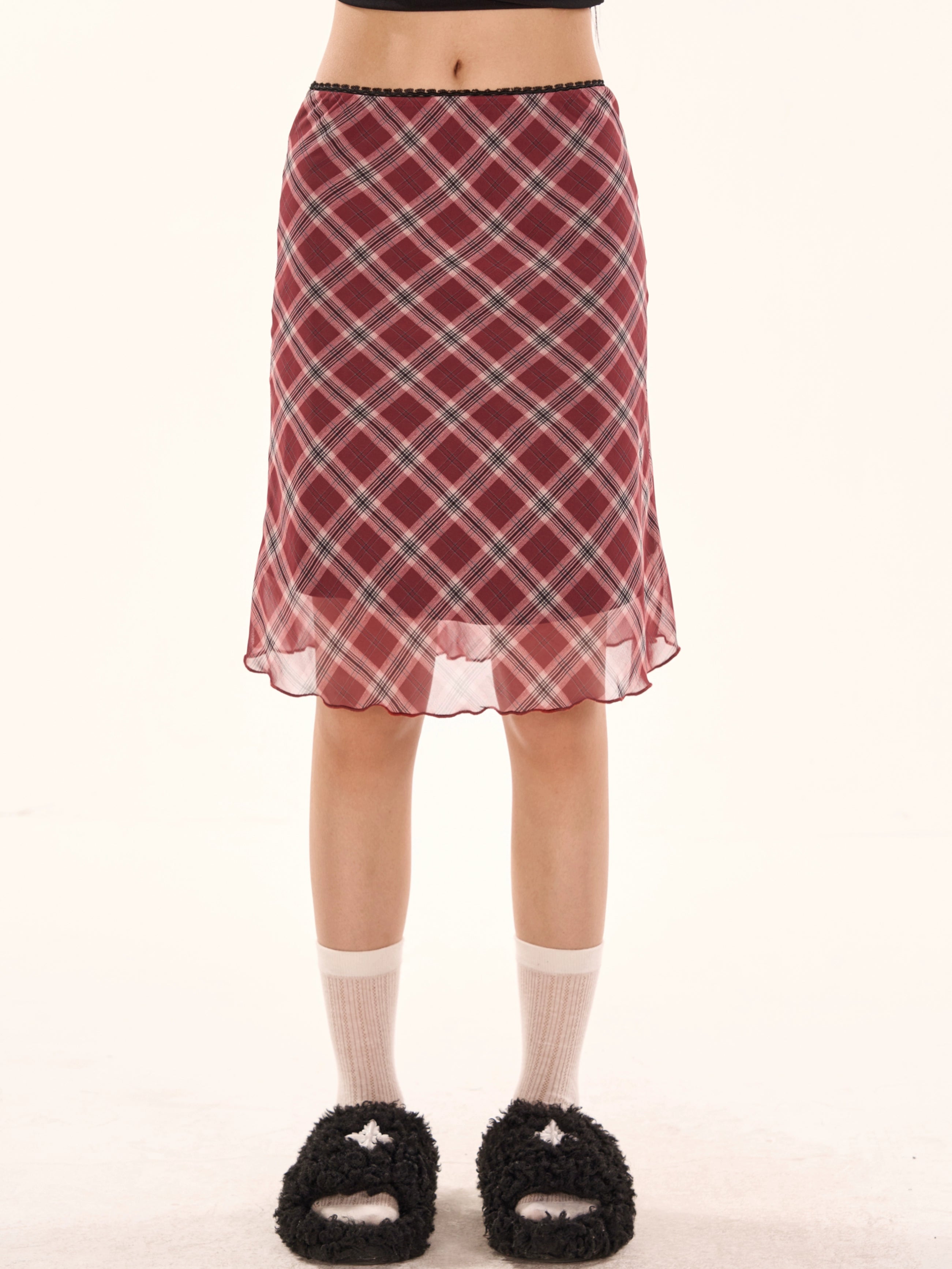 野生zerocircle 红色格子中长款半身裙女春夏a字显瘦低腰雪纺裙子