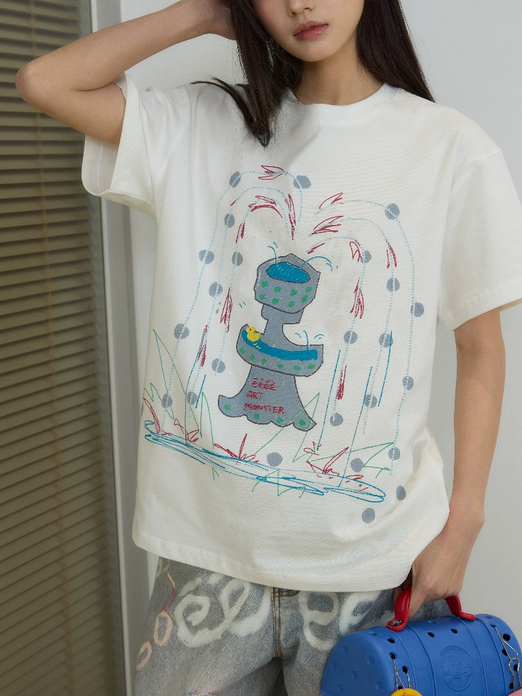 “闪光泉涌”| eeee小众设计感创意涂鸦喷泉短袖重工珠绣T恤夏季