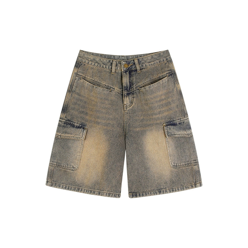 野生zero复古水洗牛仔短裤女夏美式小众显瘦宽松阔腿直筒五分裤子