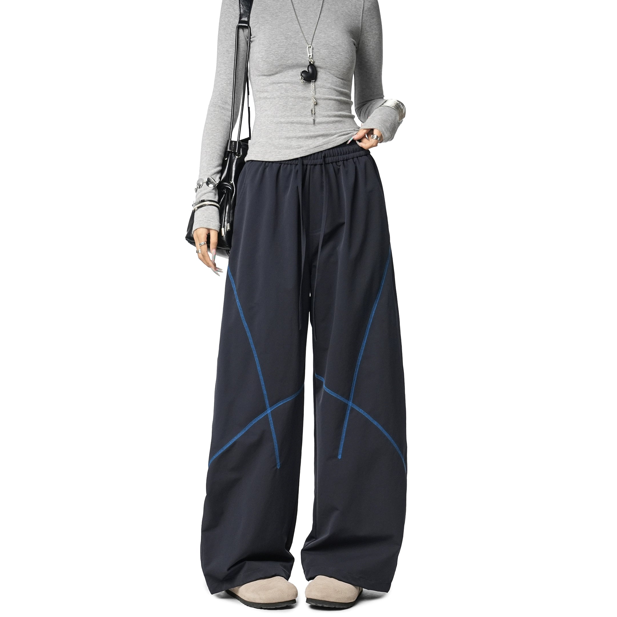 ICH MODE 美式复古户外哈苏线休闲裤女宽松弯刀裤阔腿直筒运动裤