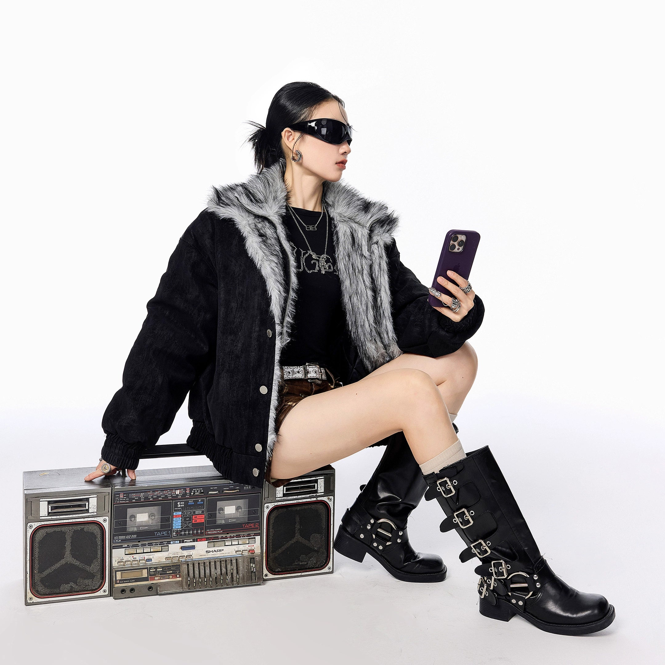 ICH MODE 美式复古座山雕假两件棉服女2025新款冬季保暖棉衣外套