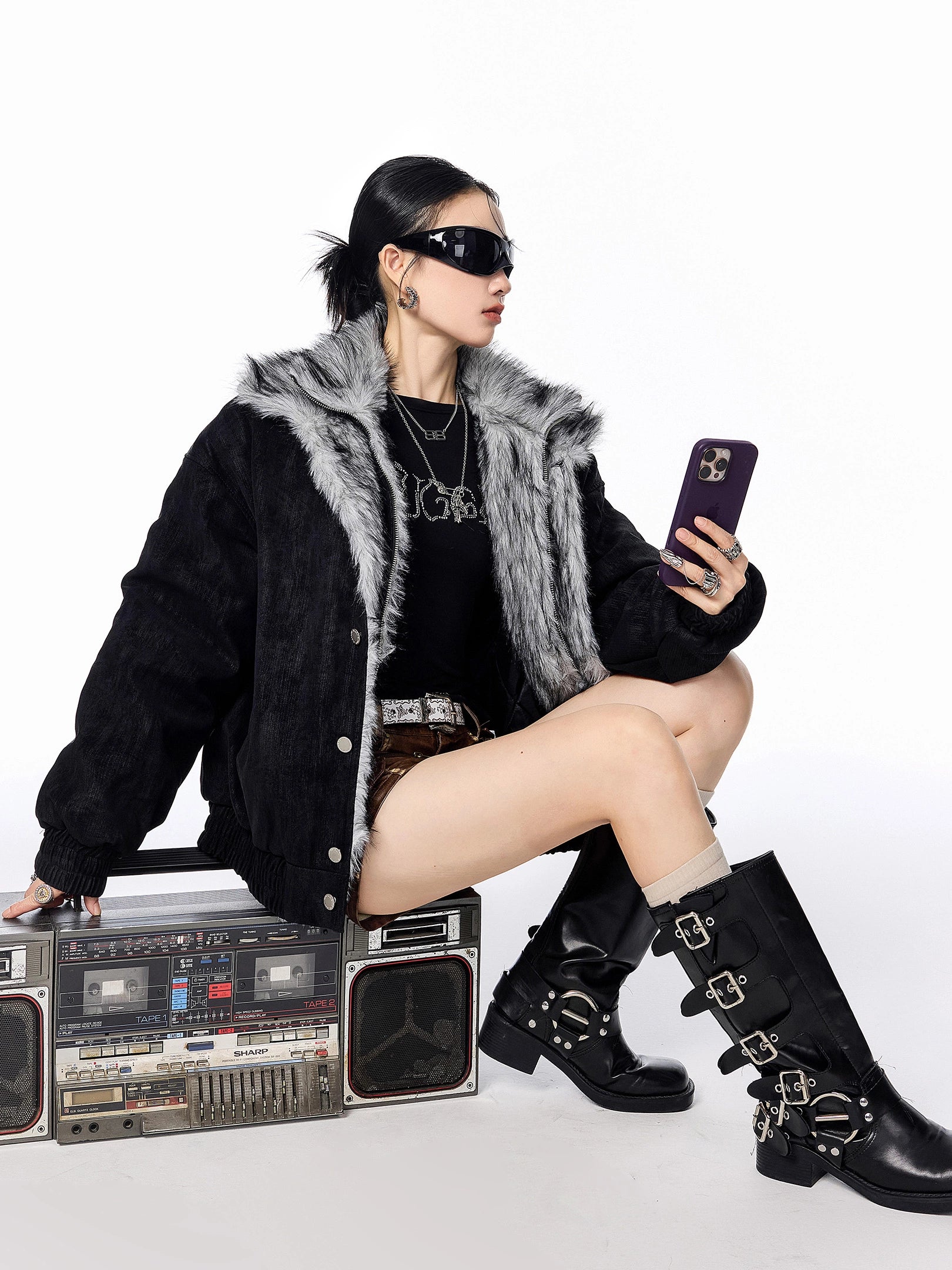 ICH MODE 美式复古座山雕假两件棉服女2025新款冬季保暖棉衣外套