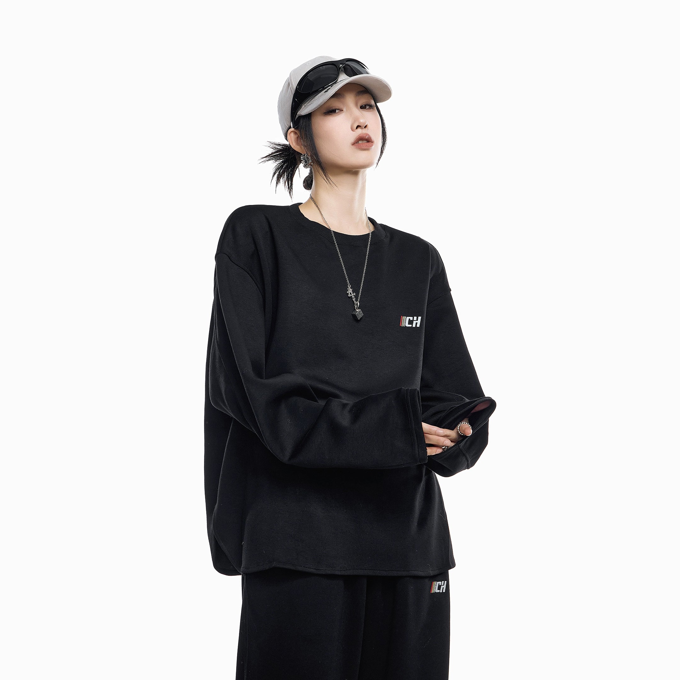 ICH MODE 美式刺绣灰色圆领卫衣女2025新款秋冬复古宽松套头上衣