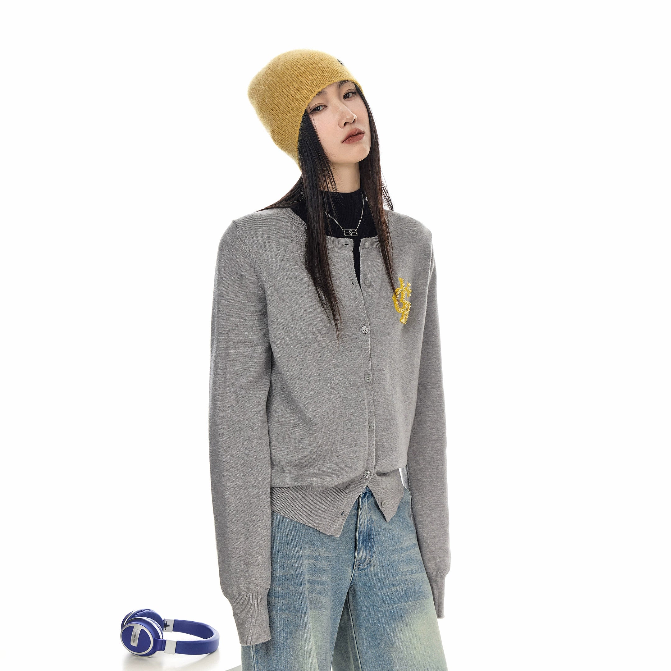 ICH MODE 美式复古珍珠针织开衫女秋冬季氛围感外搭休闲毛衣外套