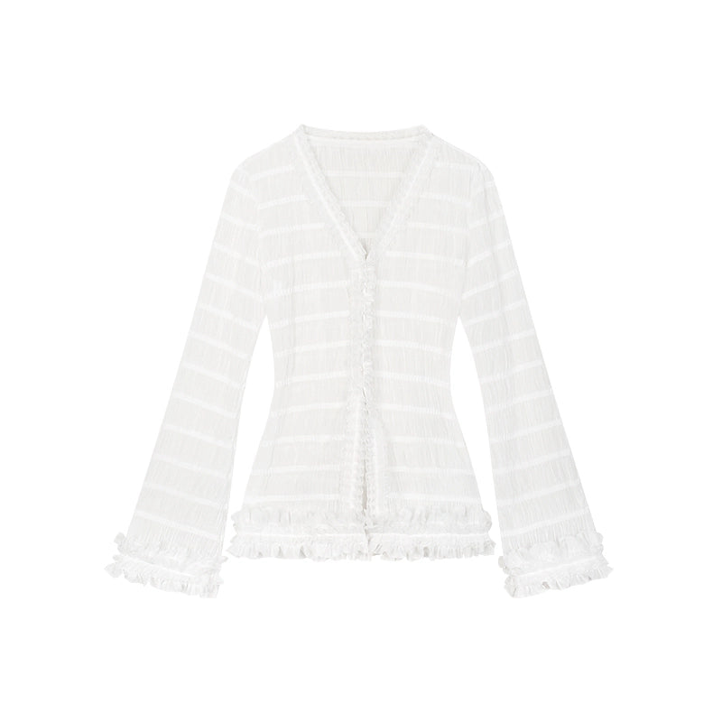 野生zerocircle 白色v领修身喇叭袖花边长袖上衣女春秋季薄款开衫