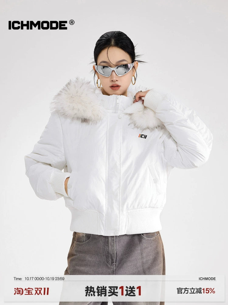 ICH MODE 美式复古毛领连帽立领棉服女秋冬季防寒棉衣修身短外套