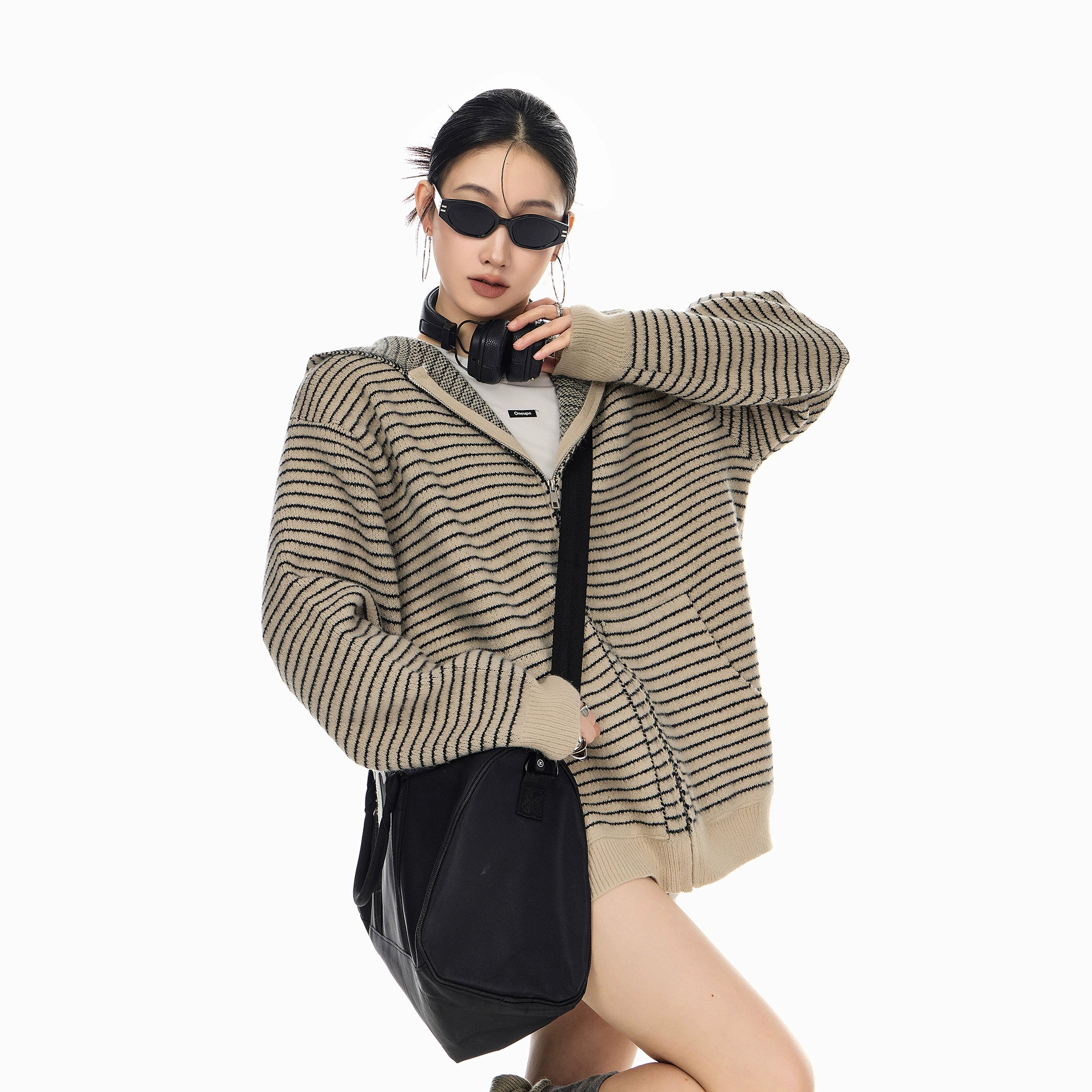 ICH MODE 美式复古条纹连帽针织开衫女2025新款秋冬外搭毛衣外套