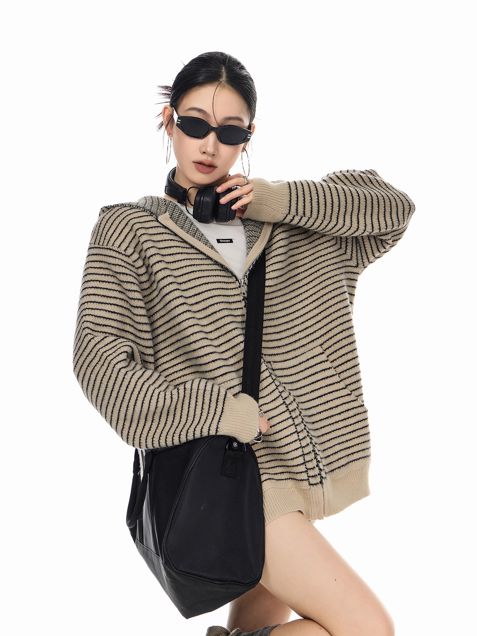 ICH MODE 美式复古条纹连帽毛针织开衫女秋冬季外搭宽松毛衣外套