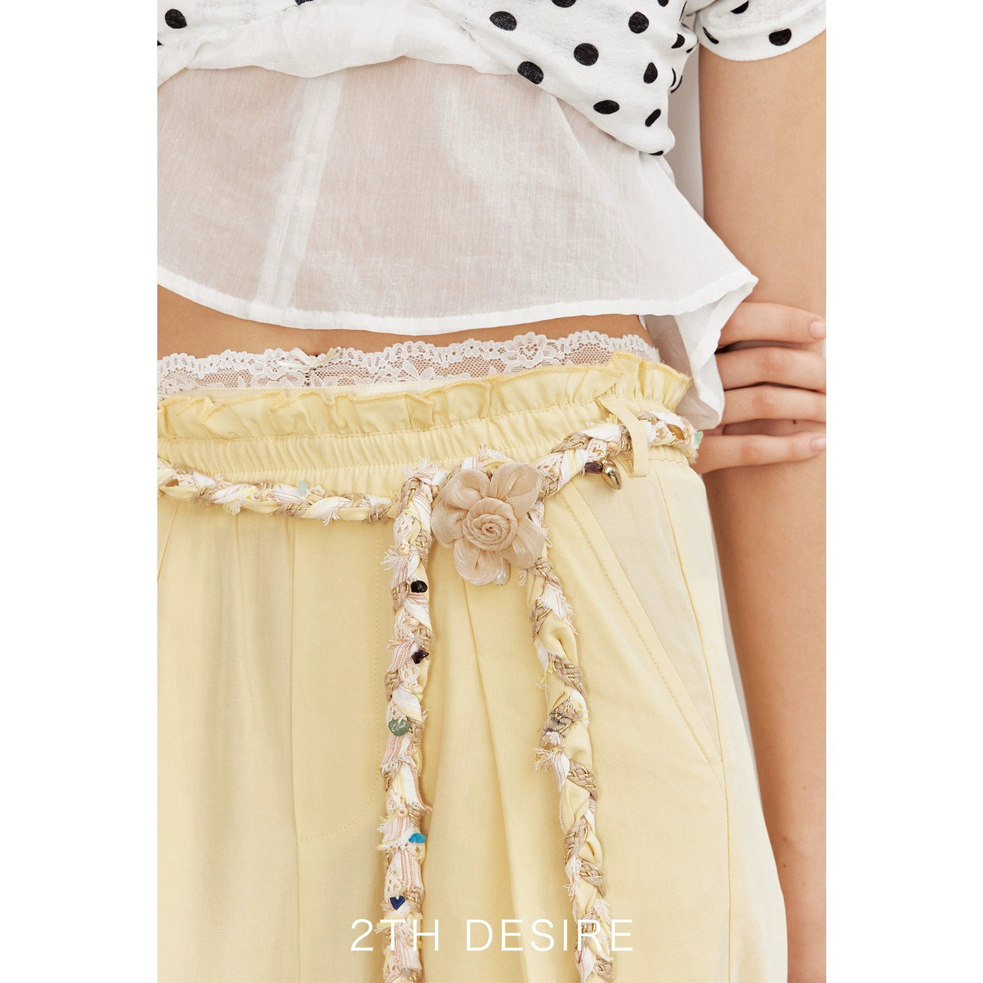 2th Desire复古手工编织亚麻腰带撞色条纹串珠彩色石头流浪感腰绳