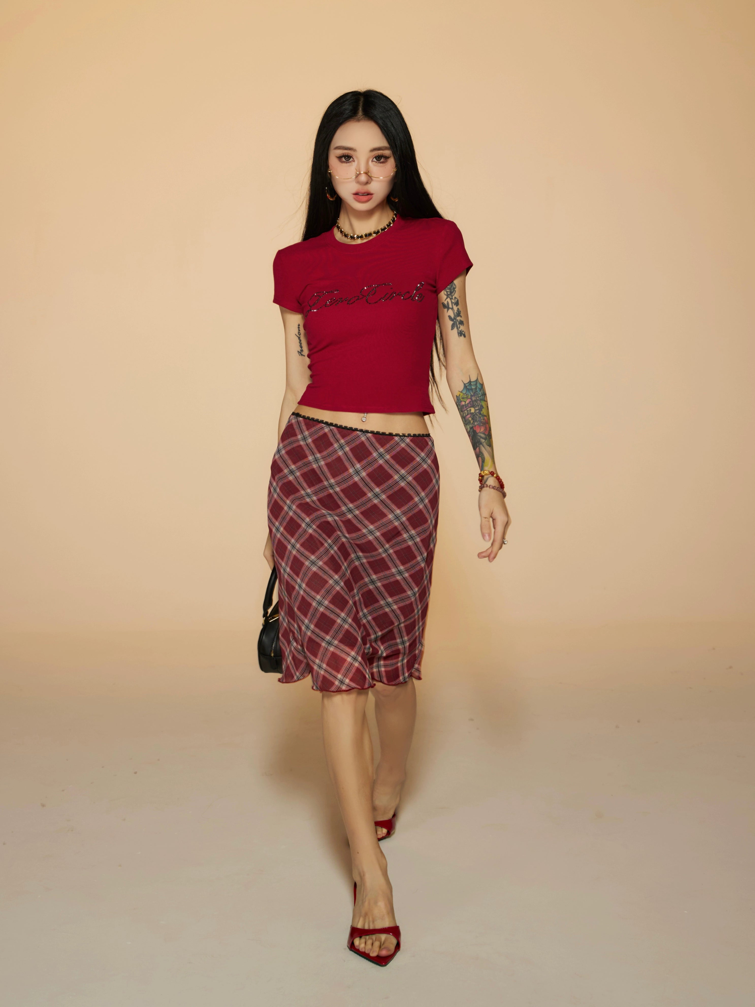 野生zerocircle 红色格子中长款半身裙女春夏a字显瘦低腰雪纺裙子