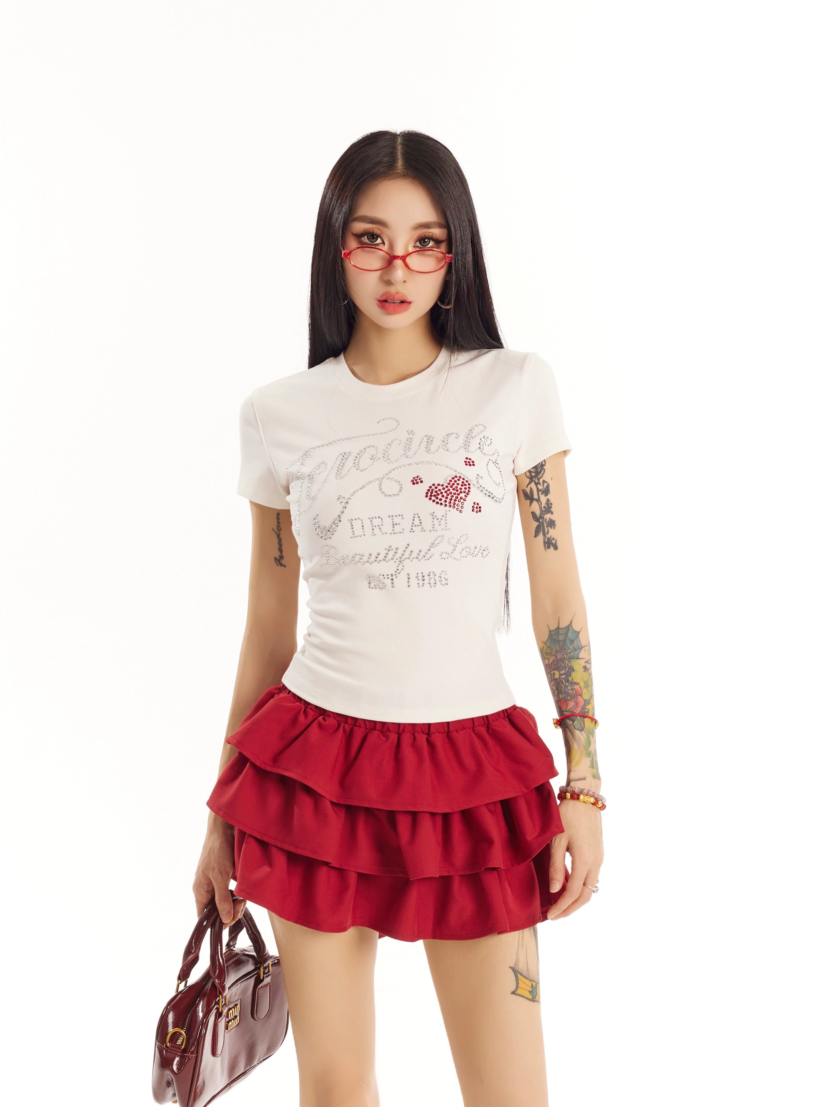 野生zero 白黑灰色正肩烫钻短袖t恤女夏季辣妹设计感修身显瘦上衣