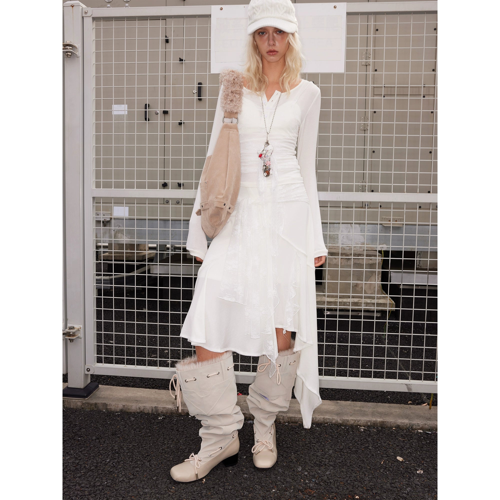 2th Desire可拆卸翻领毛毛擦色麂皮方头鞋时装靴子绑带长筒堆堆靴