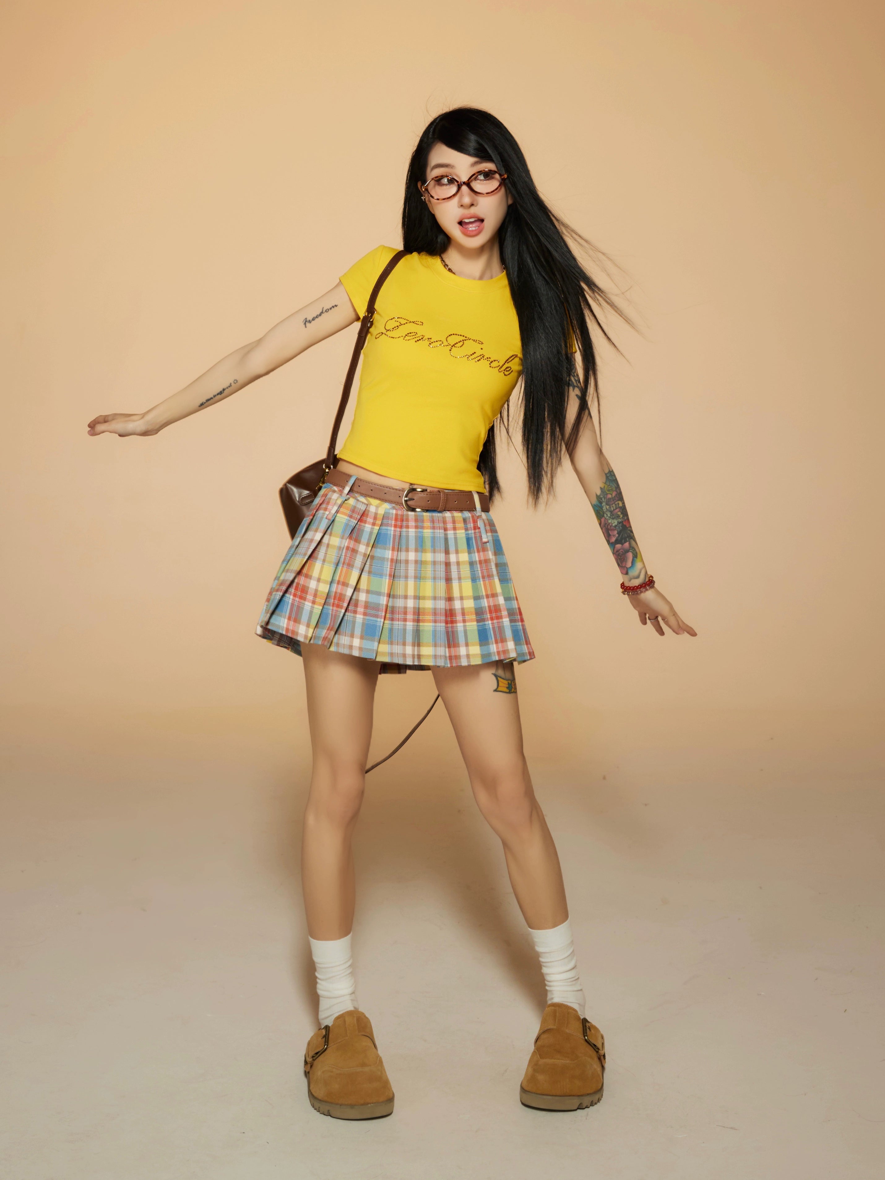 野生zerocircle 彩色格子半身百褶裙女春季辣妹小众a字显瘦短裙子