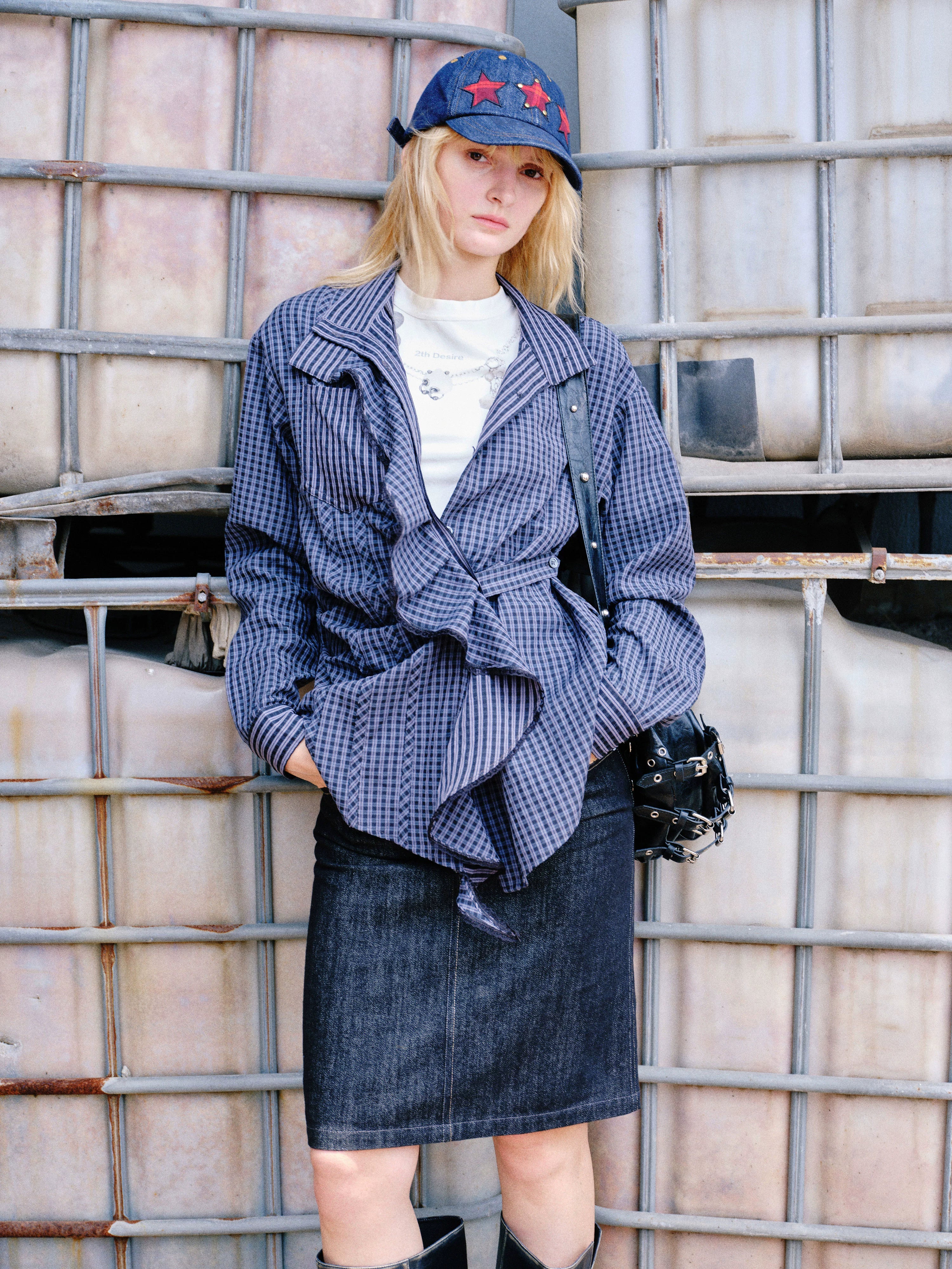 2th Desire 镂空绣花格纹不规则设计荷叶边宽松可收腰松弛感衬衫