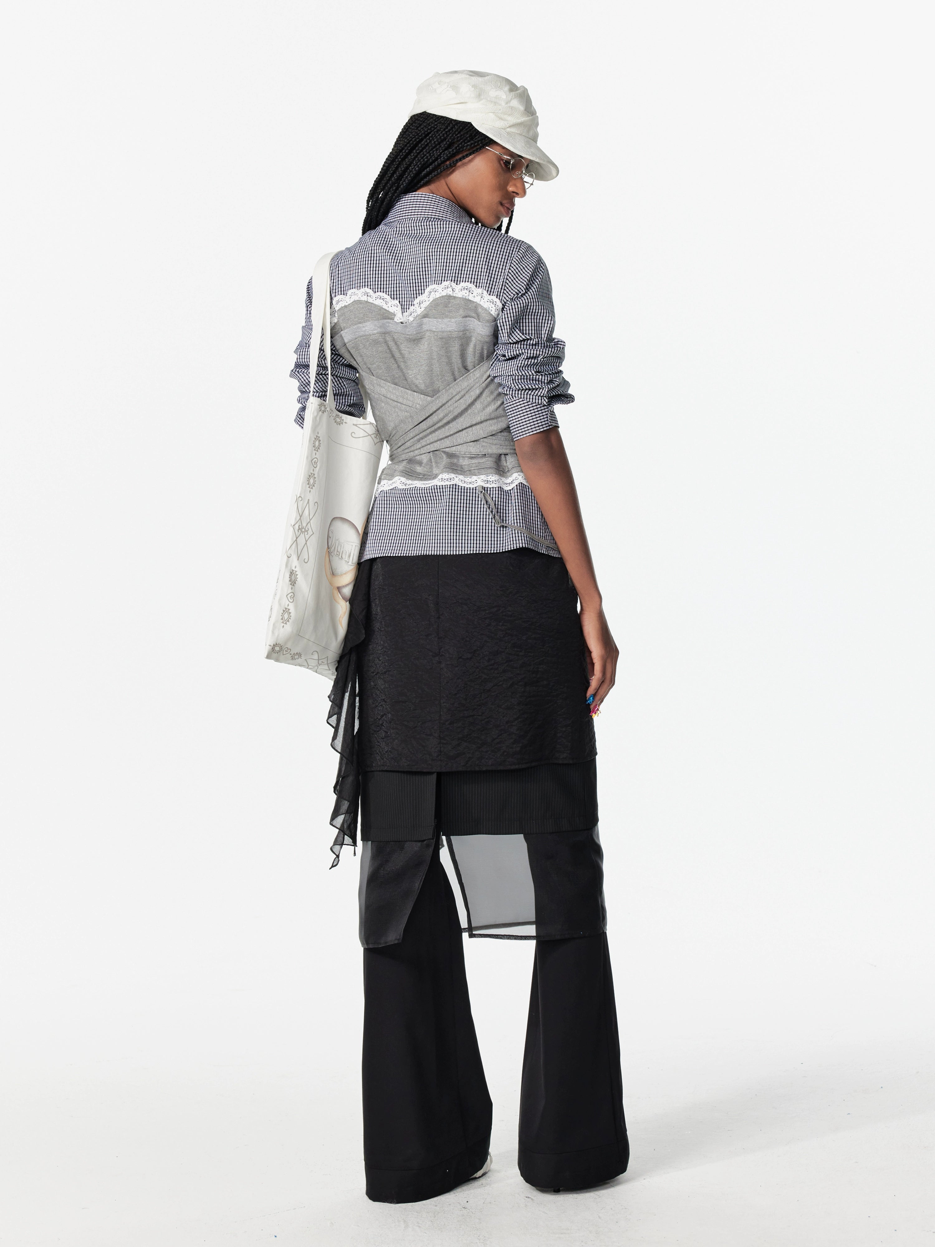 2th Desire美式复古蕾丝格纹拼接高智感两穿针织绑带条纹长袖衬衫