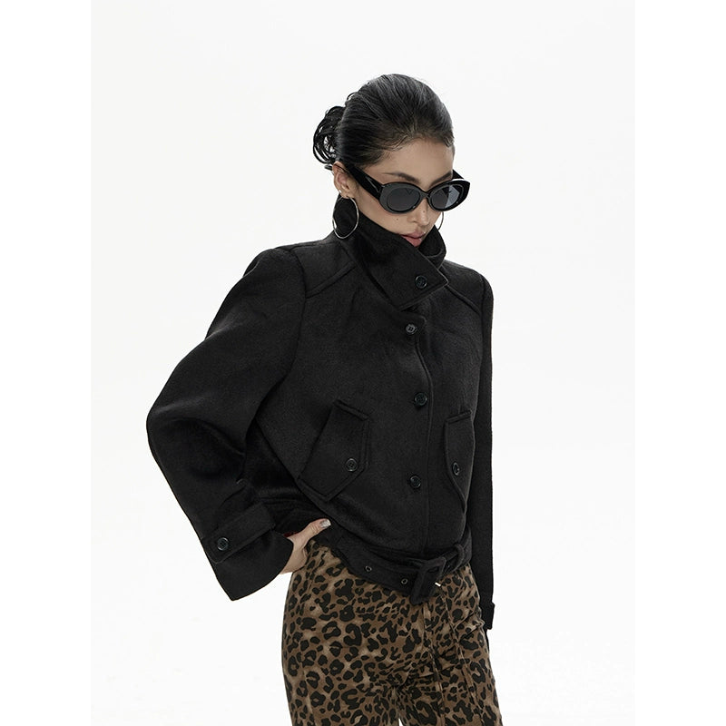 野生zero立领宽松毛呢外套女秋冬新款设计感小众加厚显瘦长袖上衣