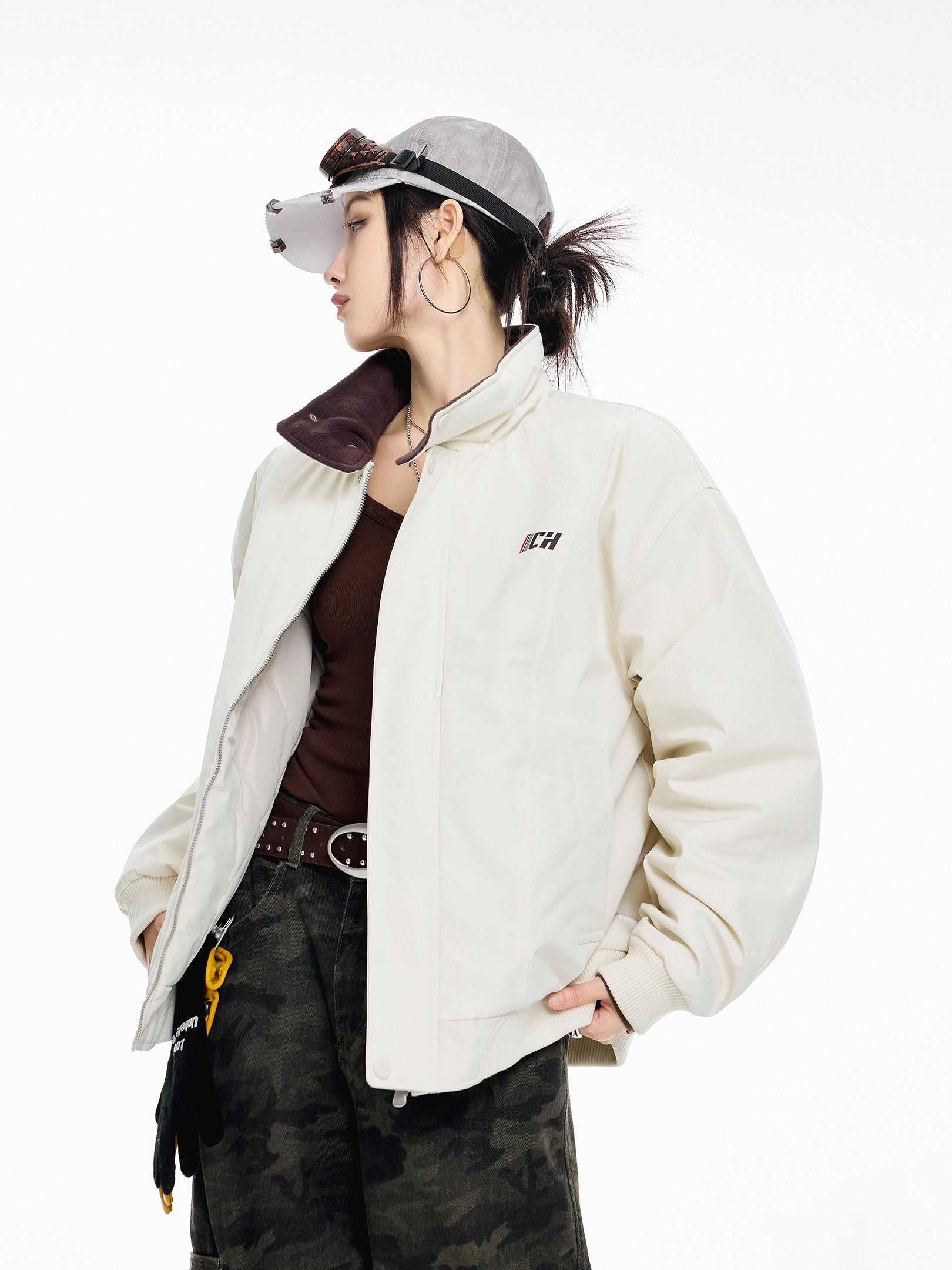 ICH MODE 美式复古撞色立领棉服女2025新款冬季运动开衫上衣外套