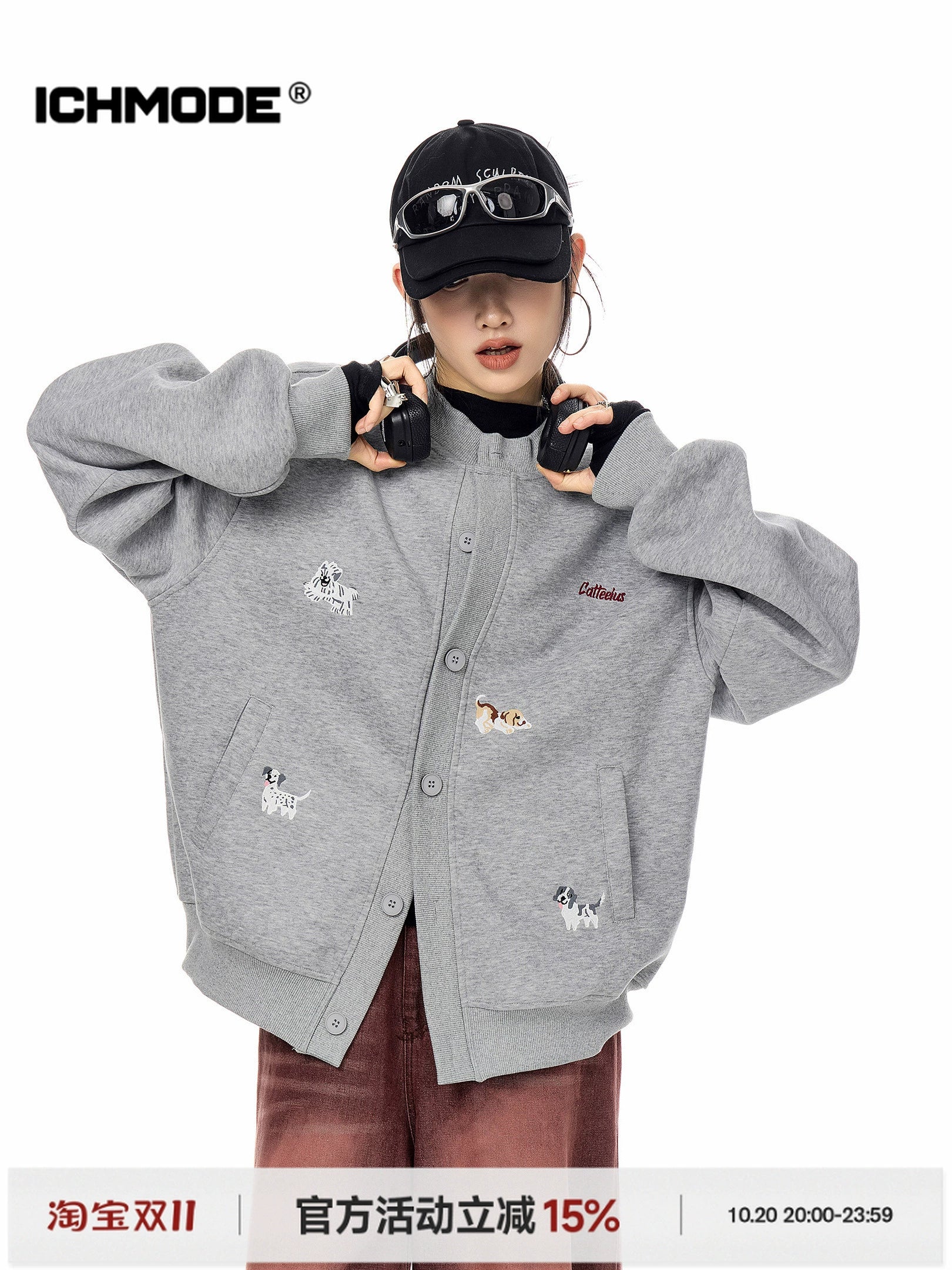 ICH MODE 美式复古小狗刺绣棒球领外套女2025秋冬季卫衣开衫上衣