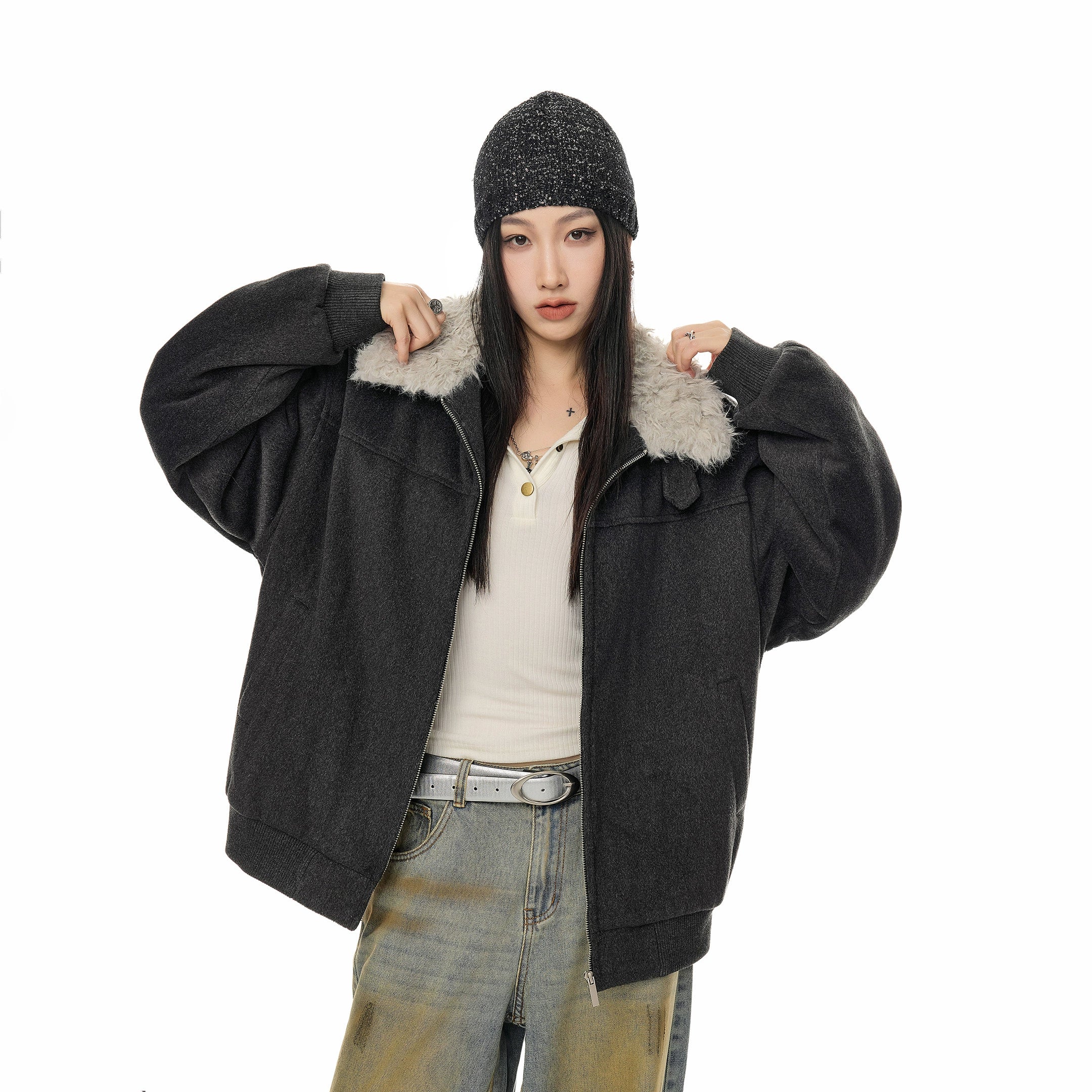 ICH MODE 美式复古毛领翻领棉服女2025新款冬季宽松防寒棉衣外套