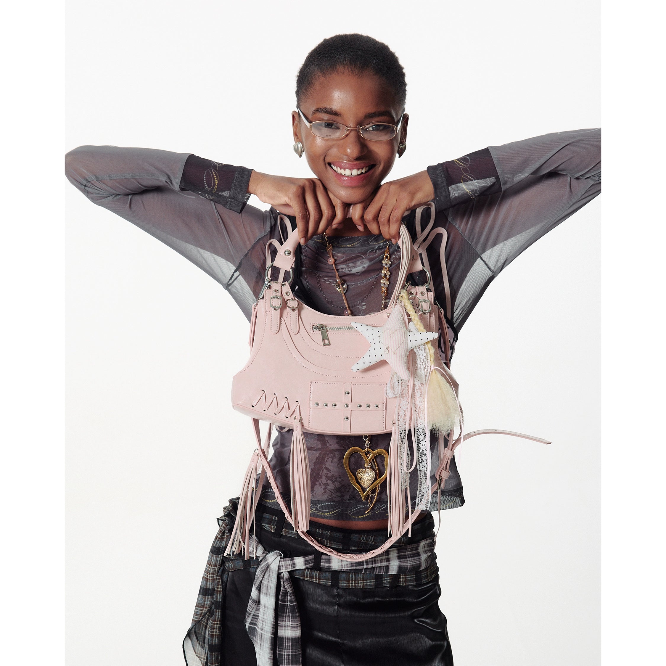 2th Desire重工复古流苏金属铆钉朋克机车包解构斜挎包单肩腋下包