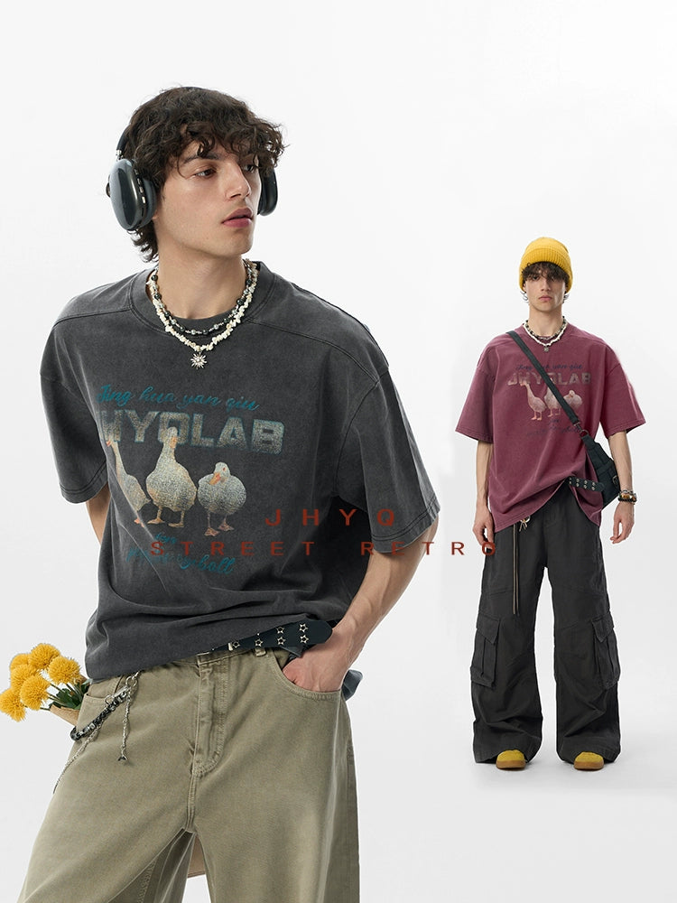 【2025好运鸭】JHYQ美式水洗做旧圆领短袖t恤男宽松重磅印花纯棉T