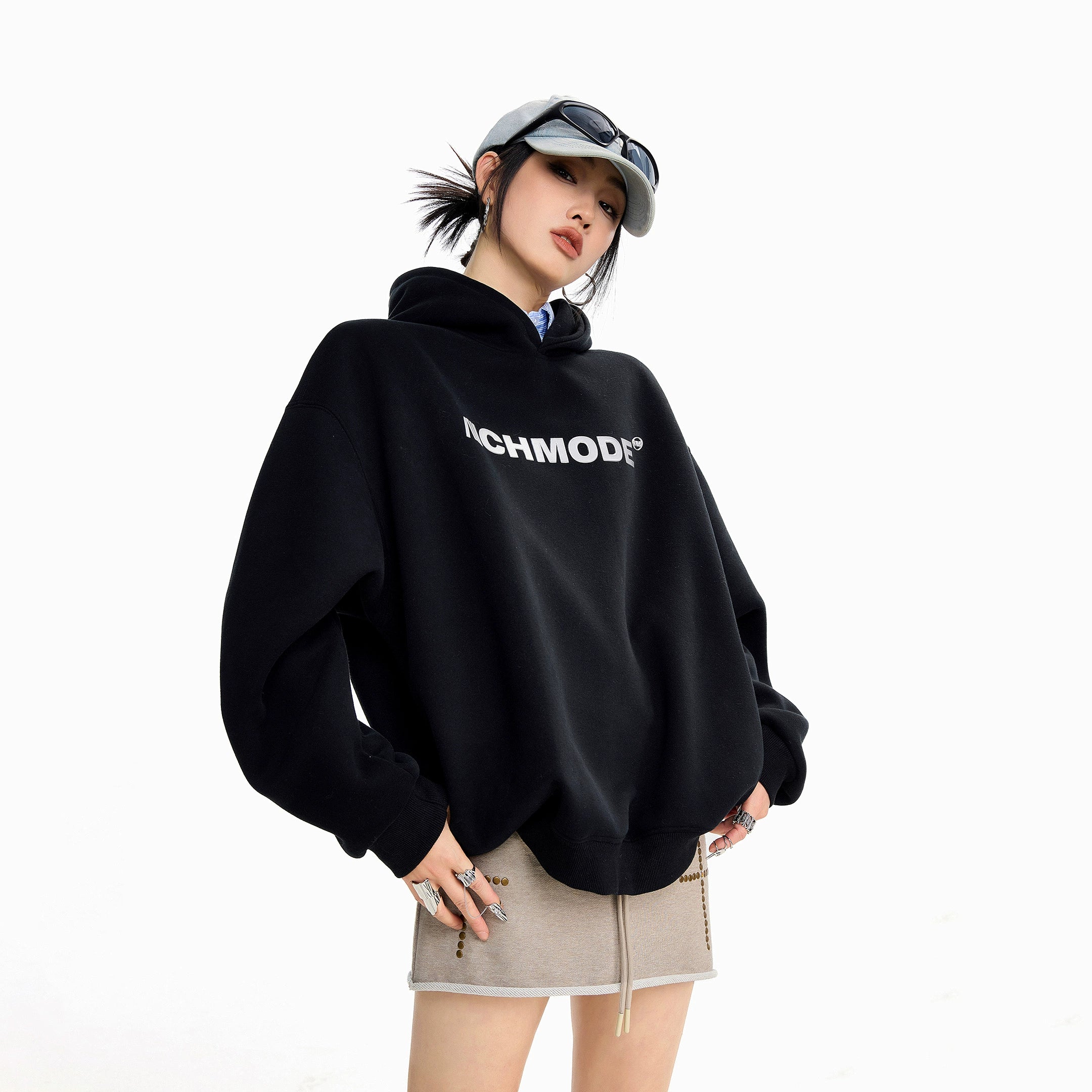 ICH MODE 美式印花黑色连帽卫衣女秋冬宽松流行外套上衣2025新款