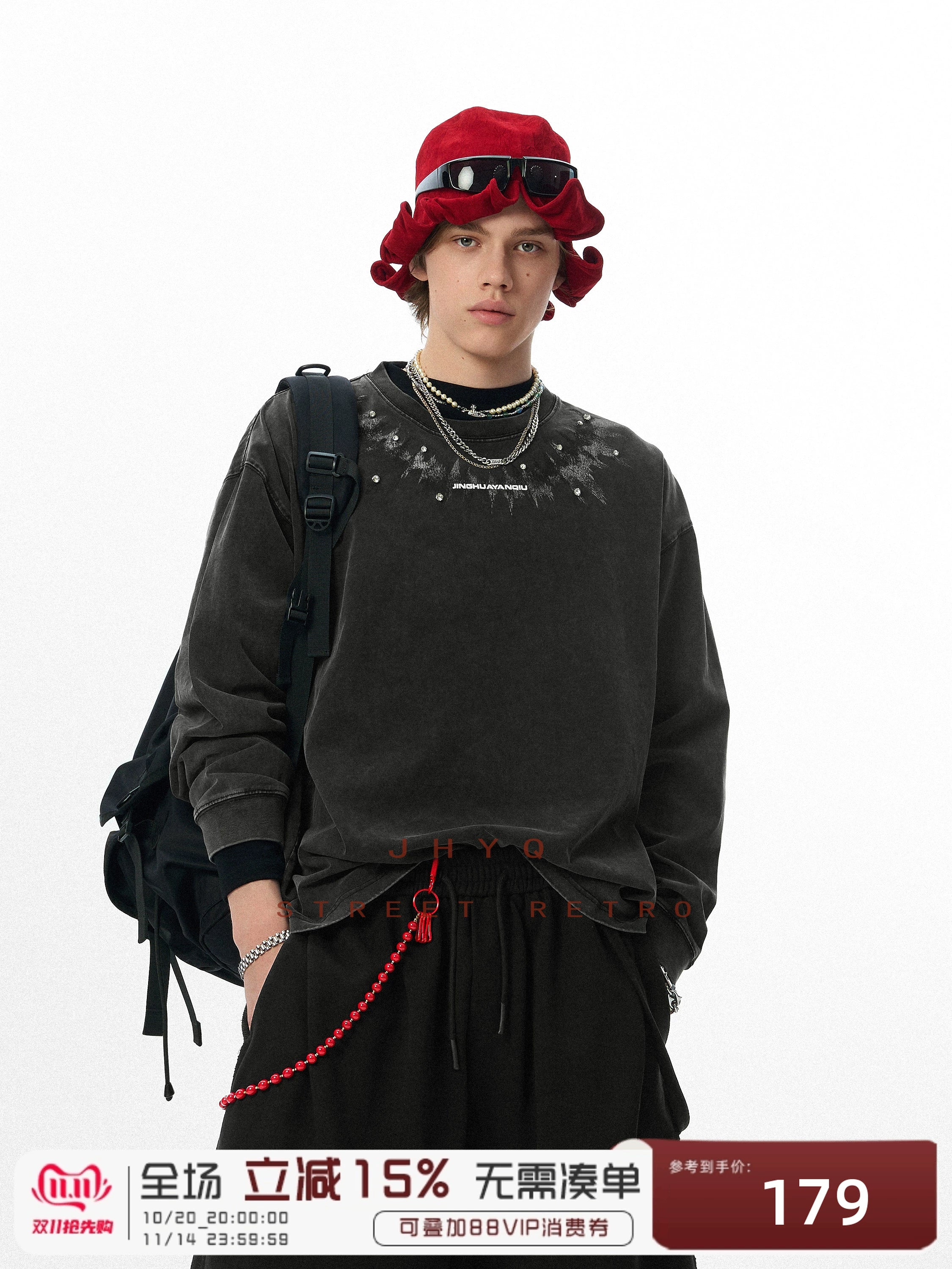 脉冲波丨JHYQ美式复古印花水洗重磅320g长袖T恤男宽松镶钻卫衣衫