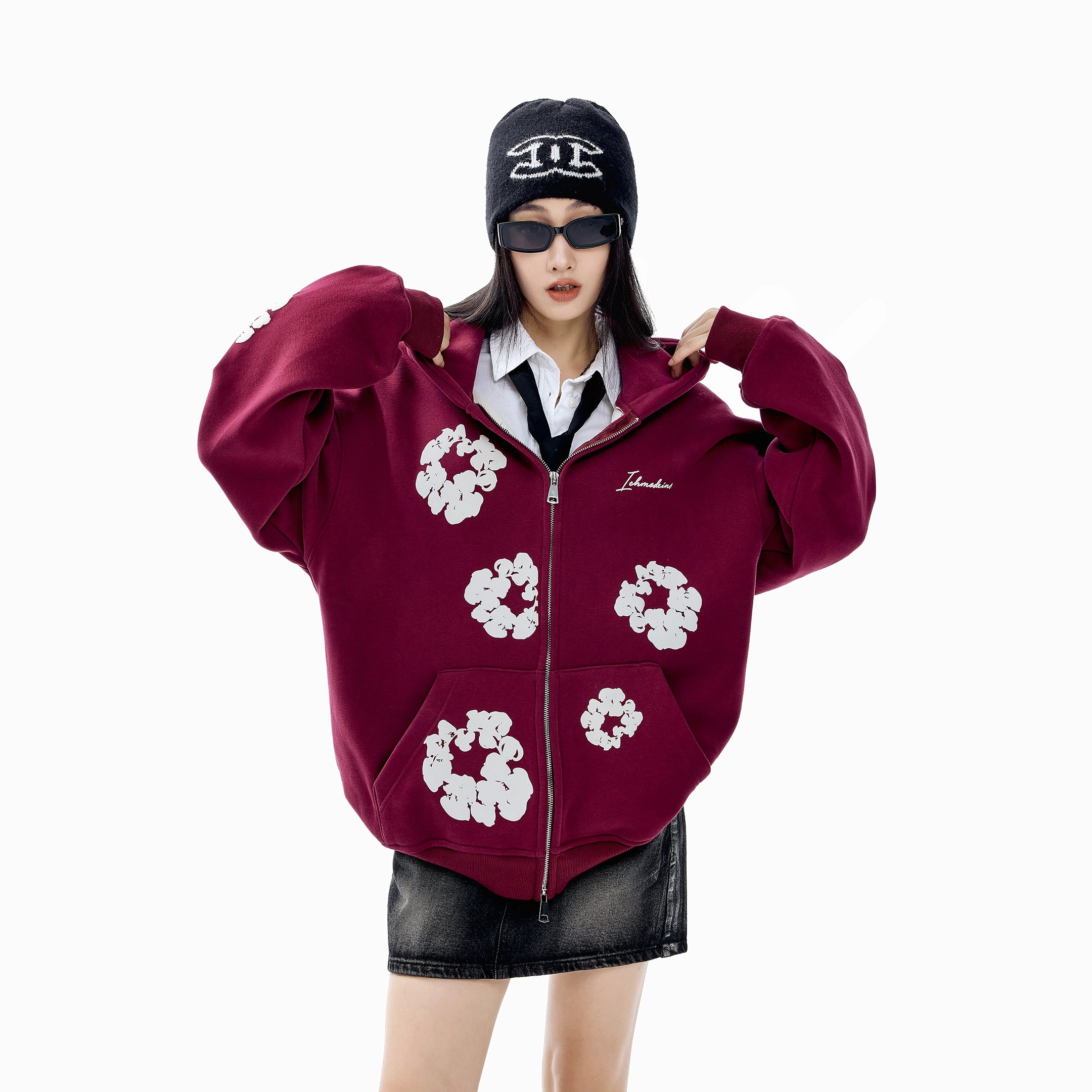 ICH MODE 美式复古木棉花连帽加绒卫衣外套女秋冬季宽松开衫上衣