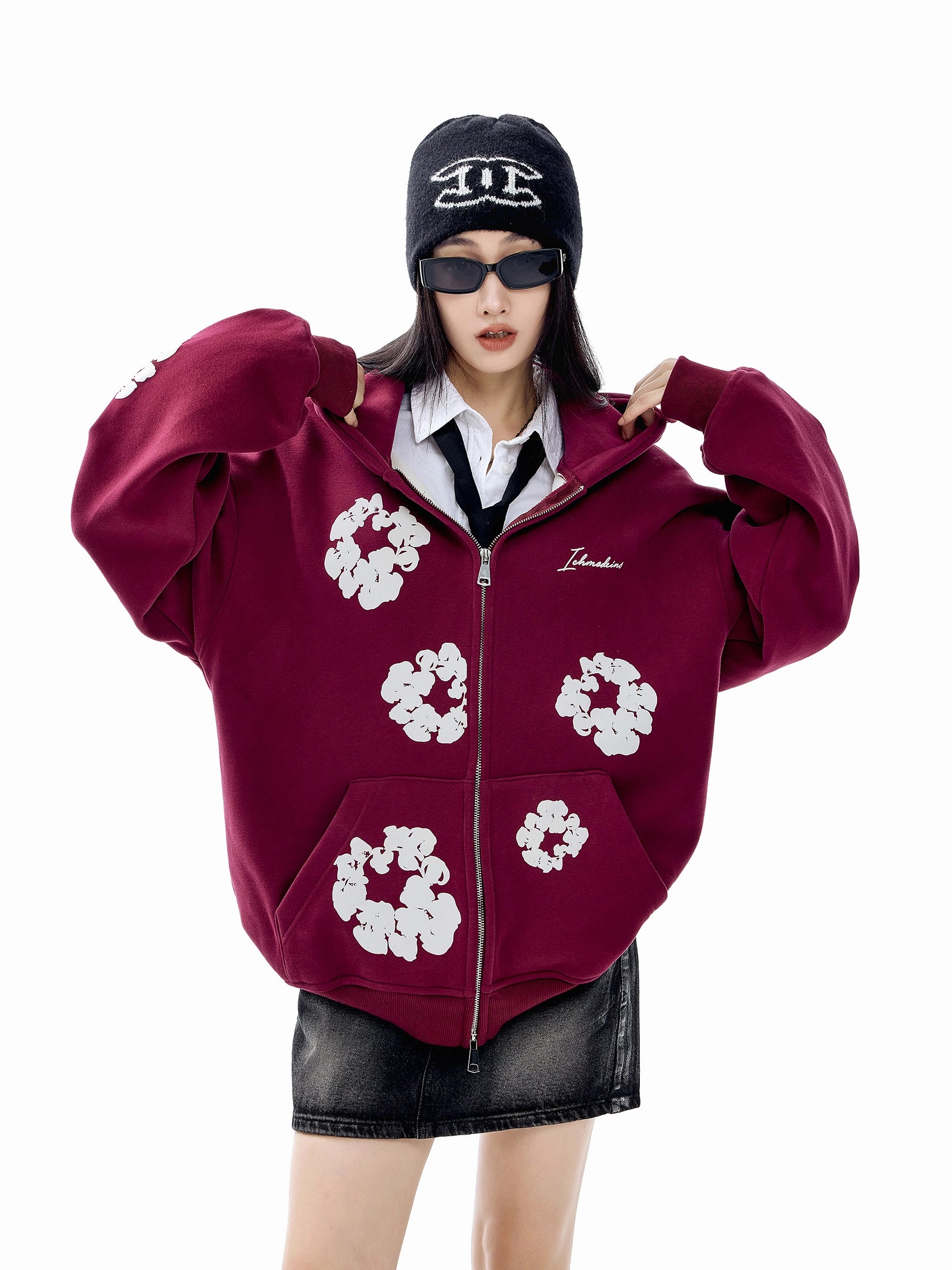 ICH MODE 美式复古木棉花连帽加绒卫衣外套女秋冬季宽松开衫上衣