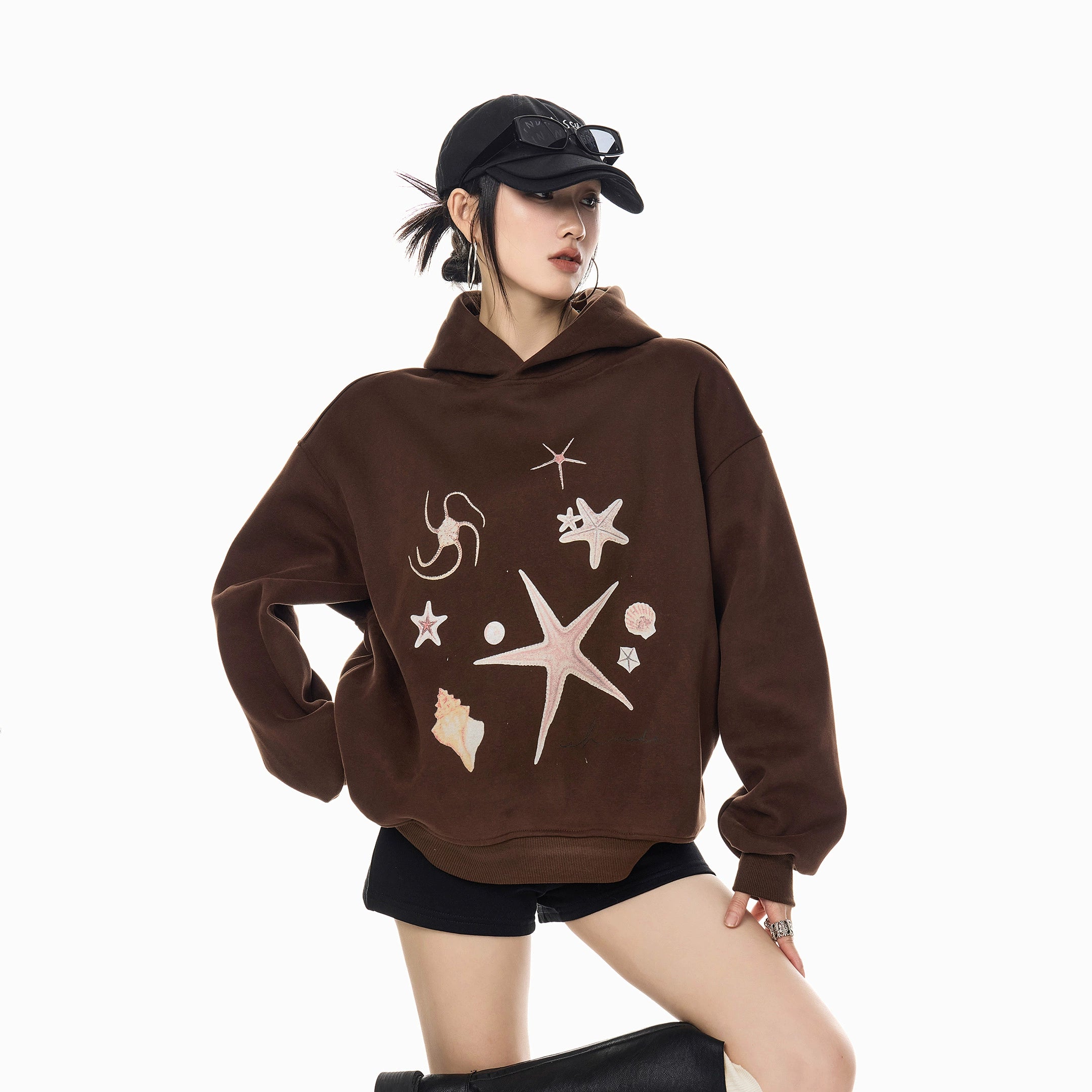 ICH MODE 美式复古海星连帽卫衣女秋冬新款重磅帽衫宽松运动上衣