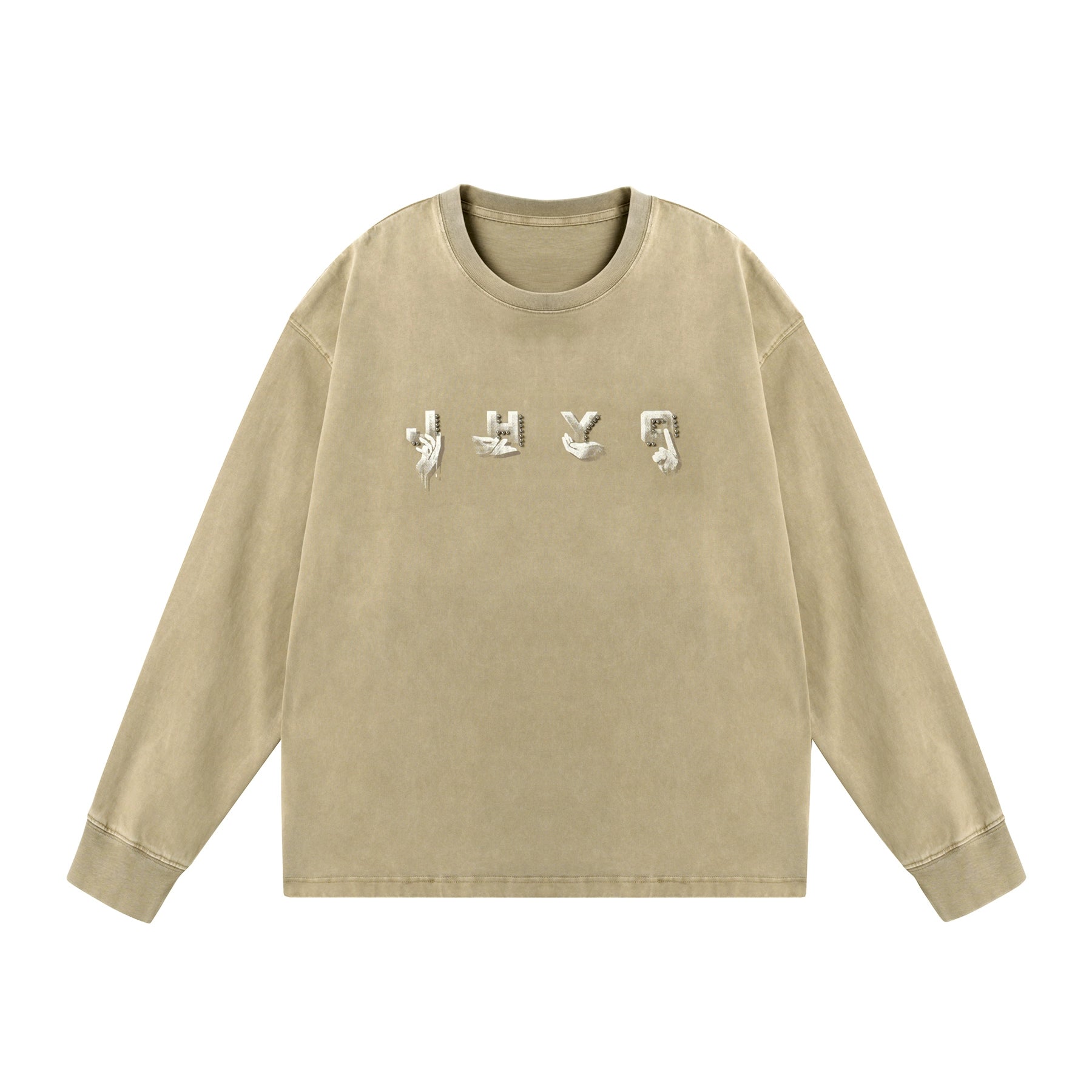 【创意手势】JHYQ美式320g复古水洗钉珠长袖T恤男宽松休闲卫衣男