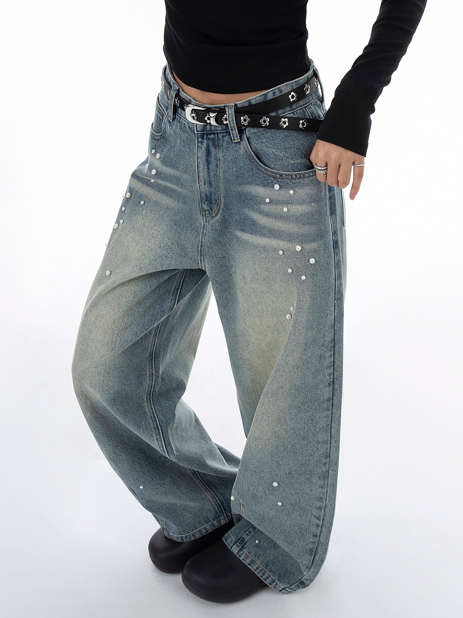 ICH MODE 美式复古珍珠牛仔裤女休闲裤宽松直筒裤子运动裤阔腿裤