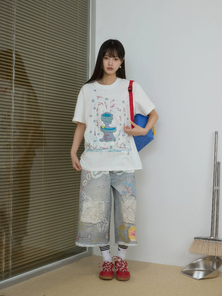 “闪光泉涌”| eeee小众设计感创意涂鸦喷泉短袖重工珠绣T恤夏季