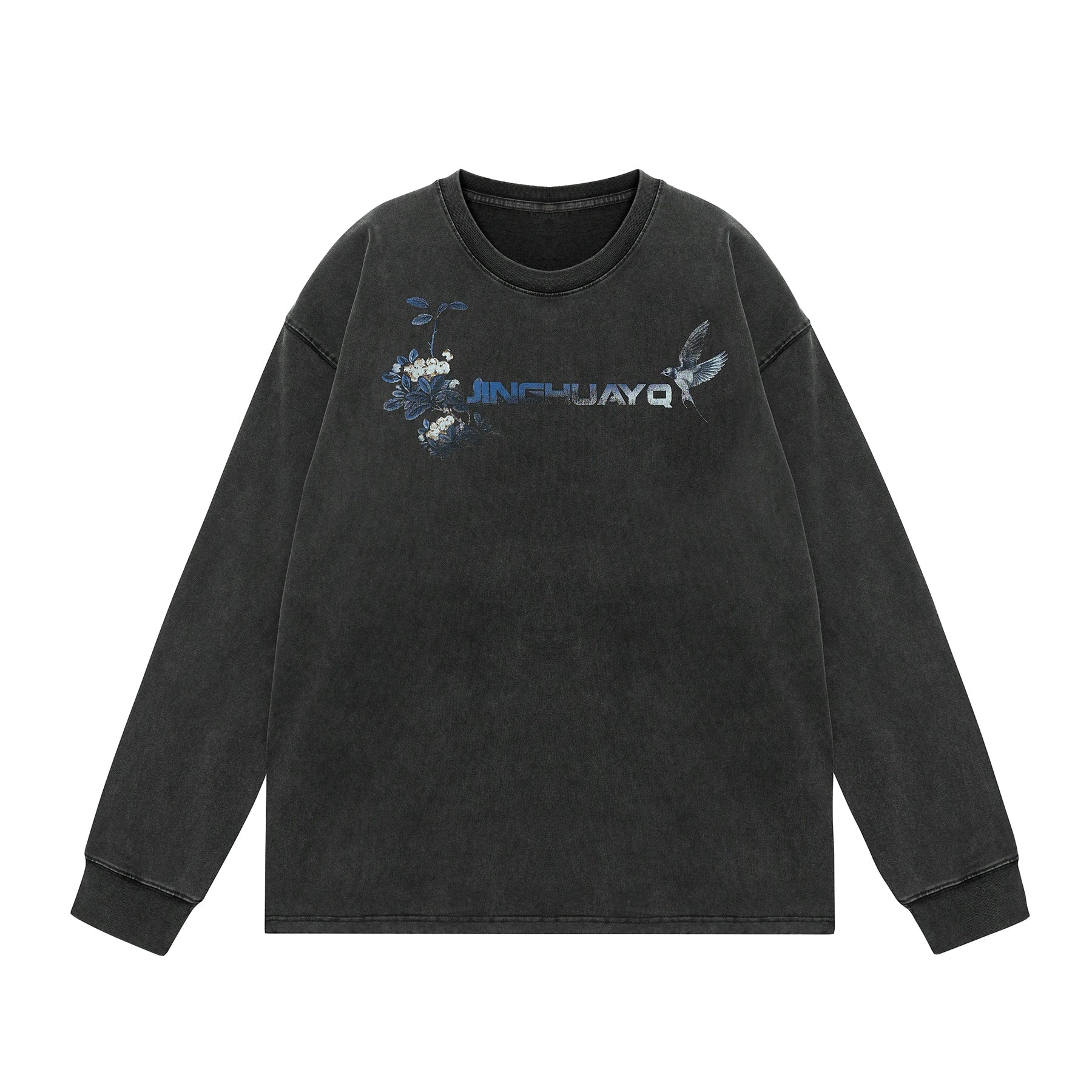 花鸟之语丨JHYQ美式复古水洗320重磅长袖T恤男士字母做旧印花卫衣