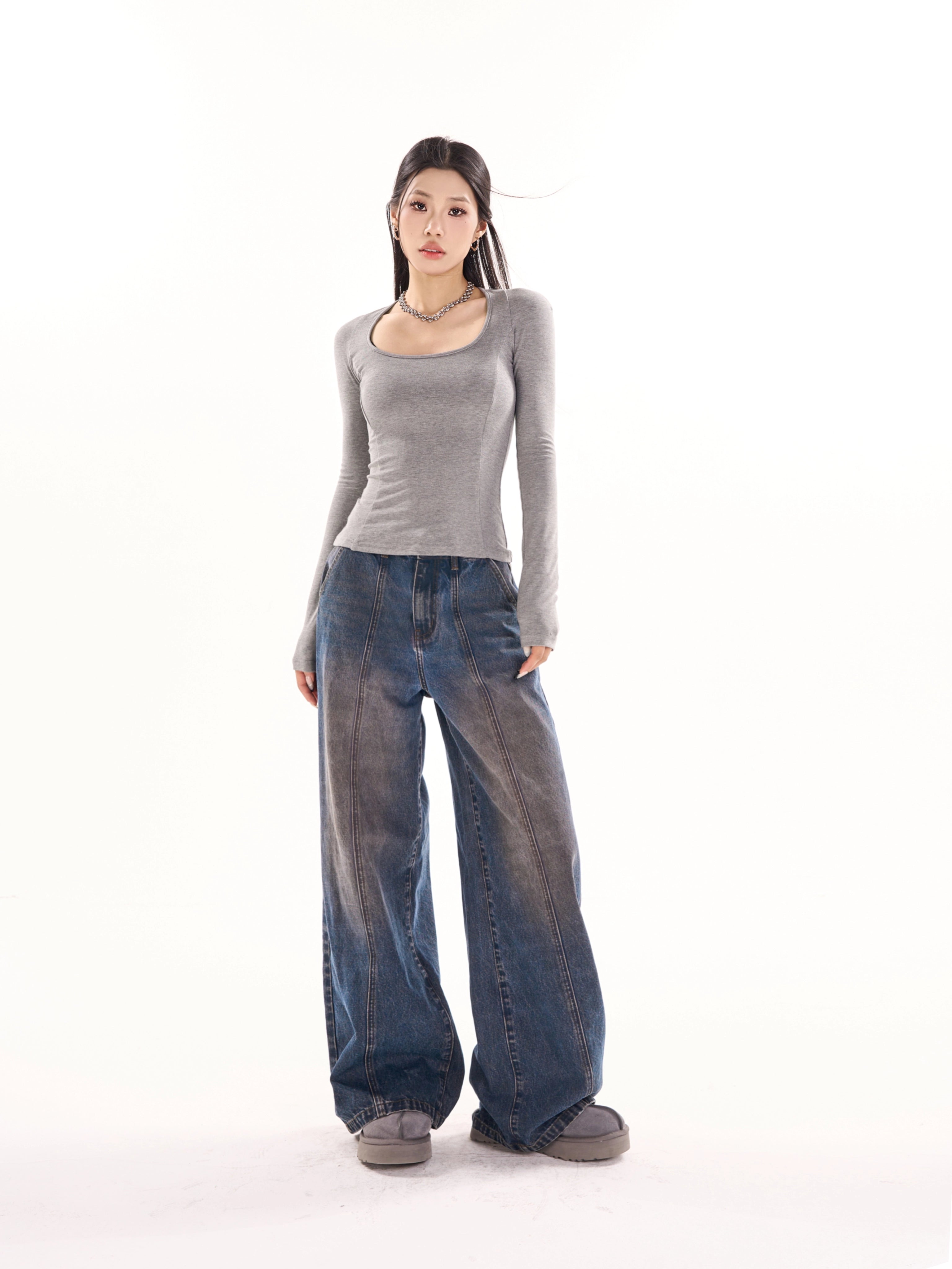 野生zerocircle 黑灰棕色u领打底衫女春秋季修身显瘦长袖针织上衣