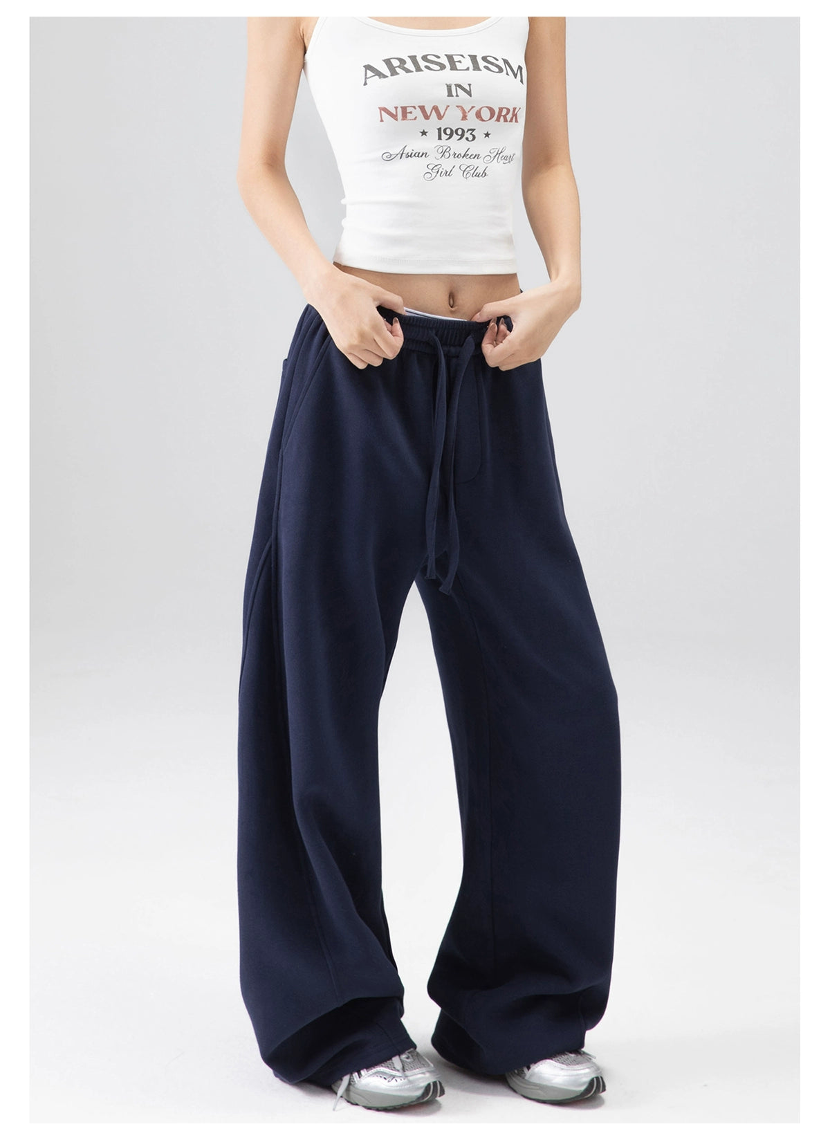 ICH MODE 美式加绒卫裤运动裤女秋冬新款宽松阔腿休闲裤弯刀裤子