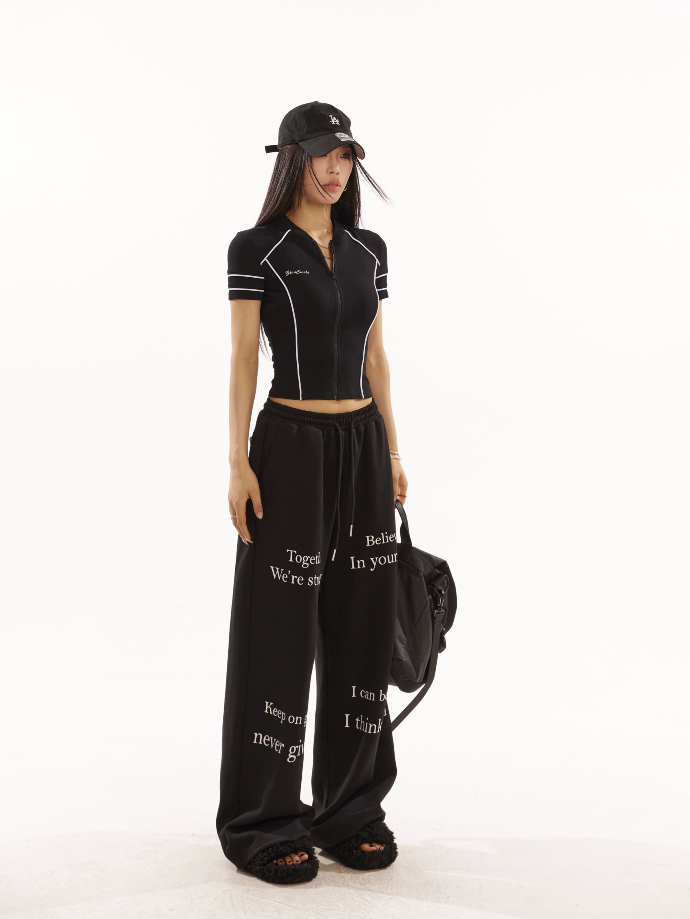 野生zero 黑灰色拉链开衫针织上衣女夏季辣妹修身显瘦正肩短袖t恤