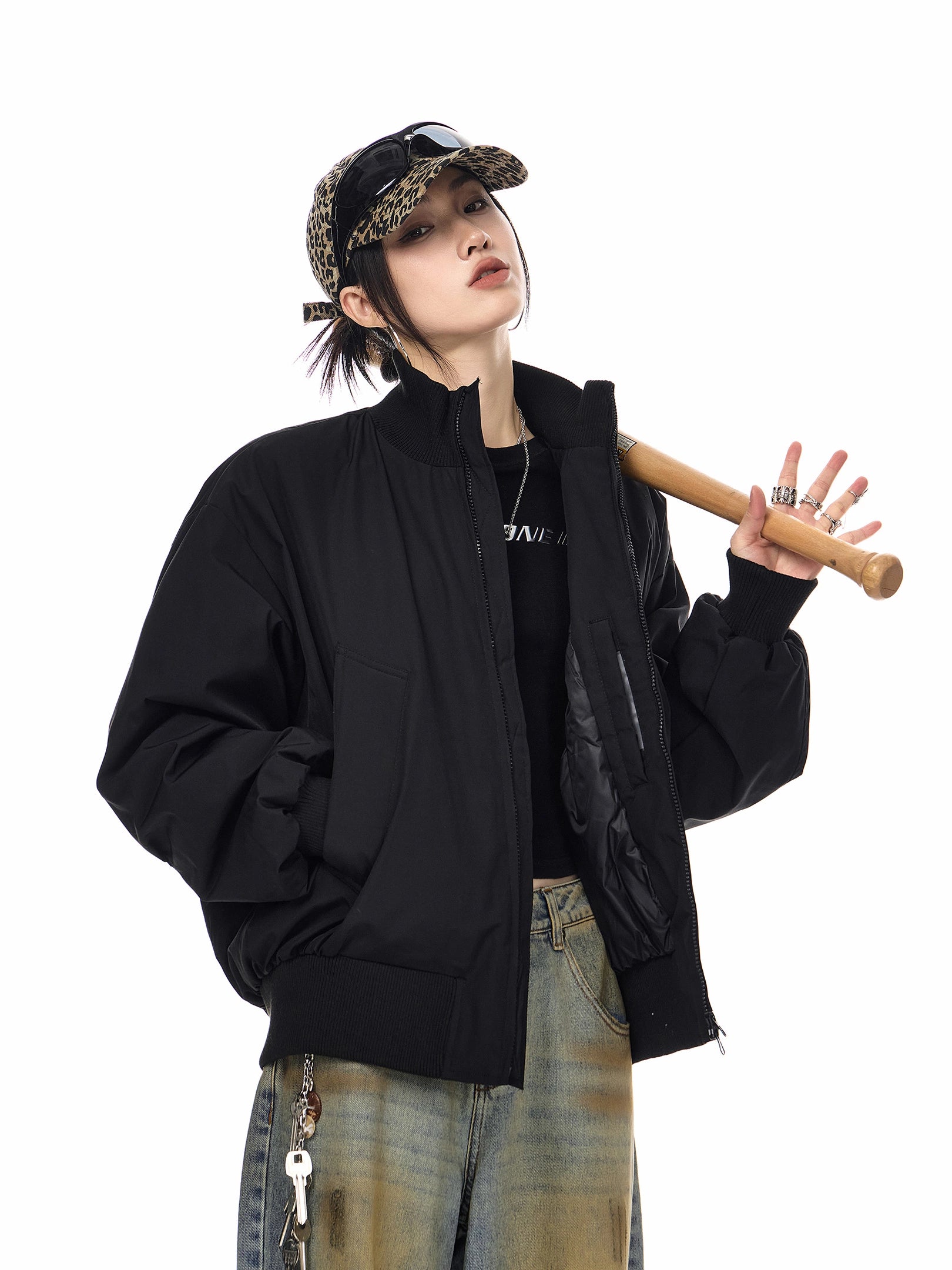 ICH MODE 美式90白鸭绒复古纯色立领羽绒服女冬季宽松外套保暖