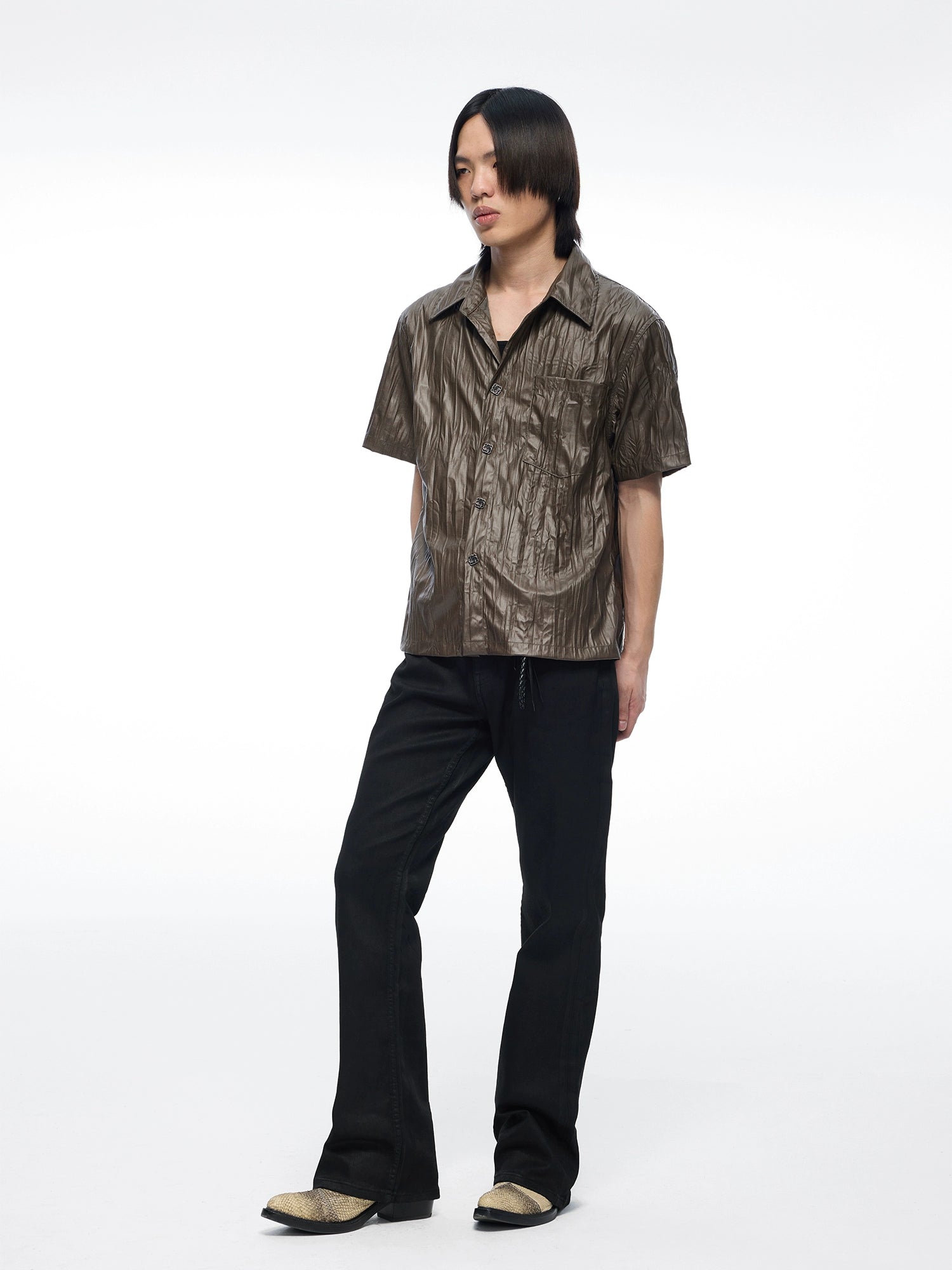 皮感肌理褶皱短袖衬衫定制金属纽扣boxy版型男TERRAINCOGNITA24SS