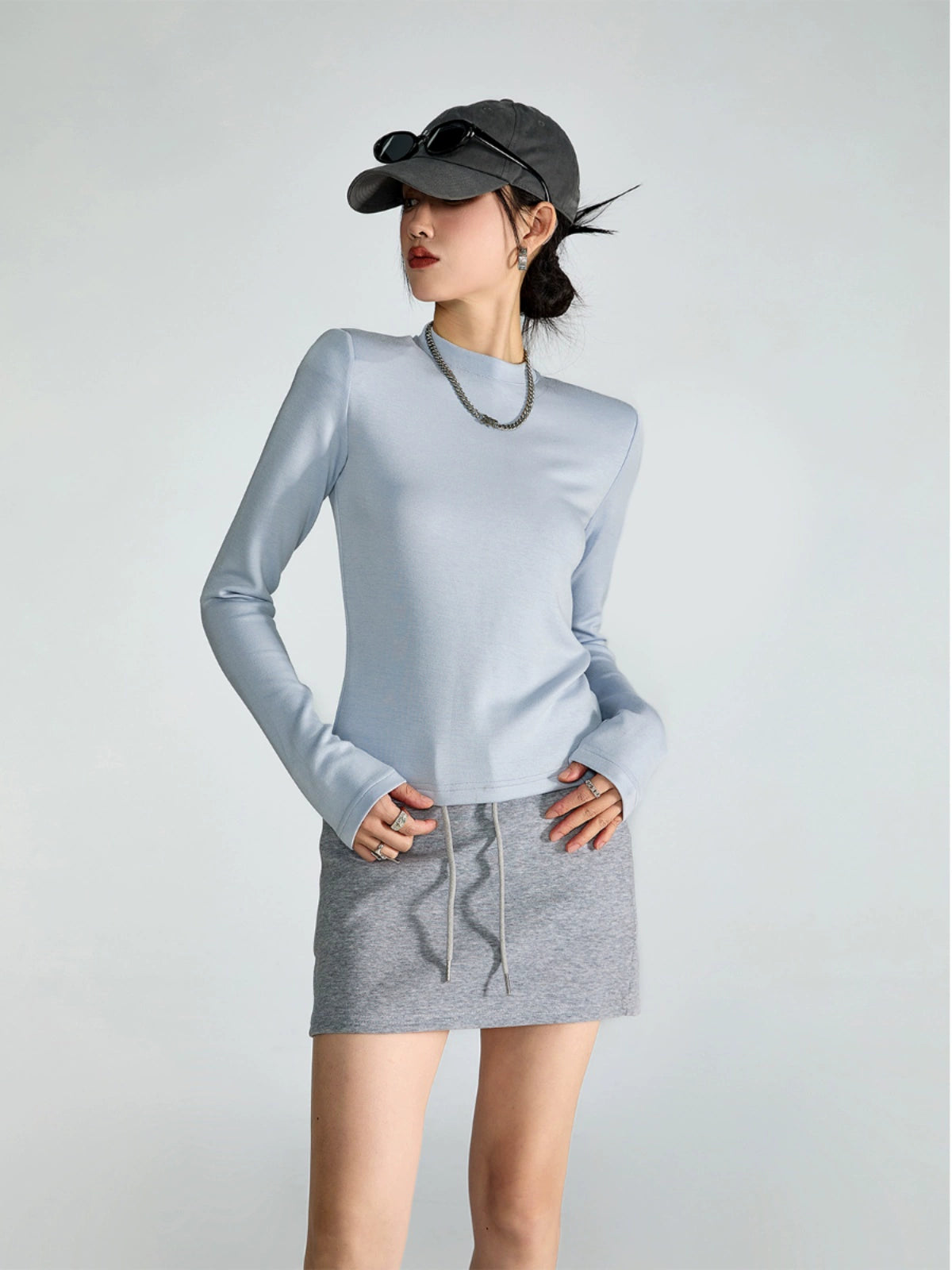 ICH MODE 美式复古修身长袖T恤女秋冬百搭宽松短款上衣纯色打底衫