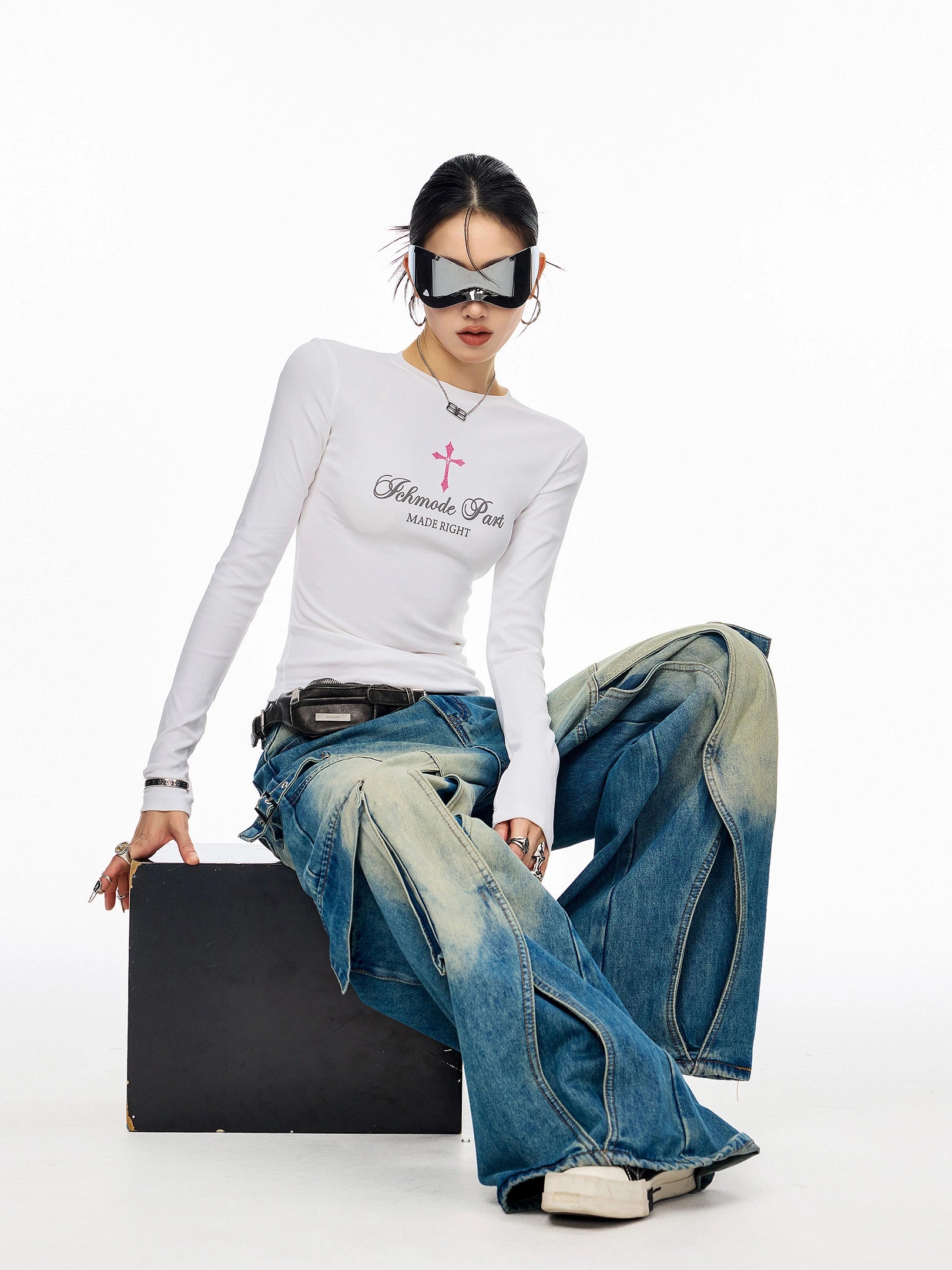 ICH MODE 美式十字架正肩长袖T恤女秋冬新款修身显瘦一字肩上衣