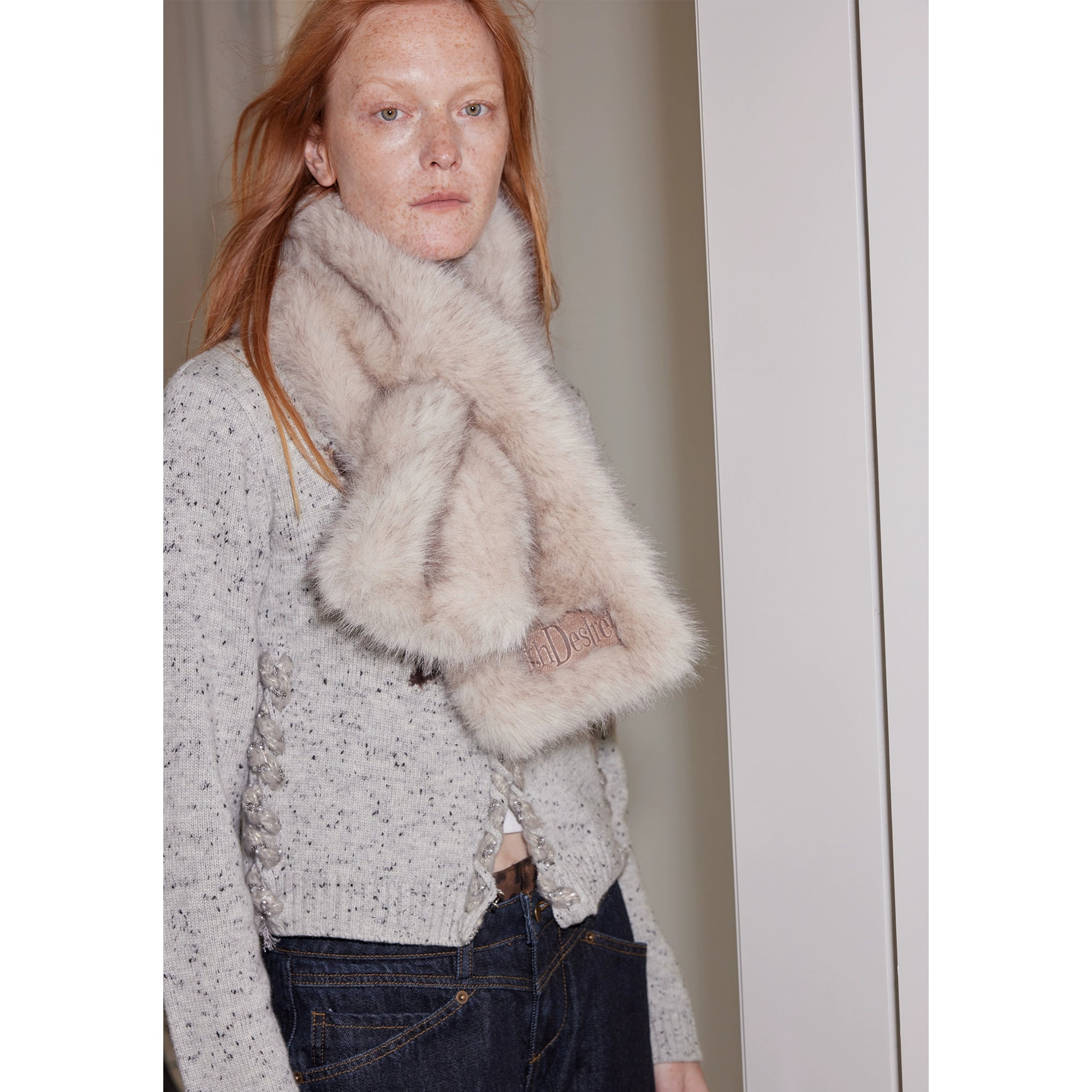 2th Desire双色毛尖蓬松保暖拼接皮牌冬日毛皮草围巾