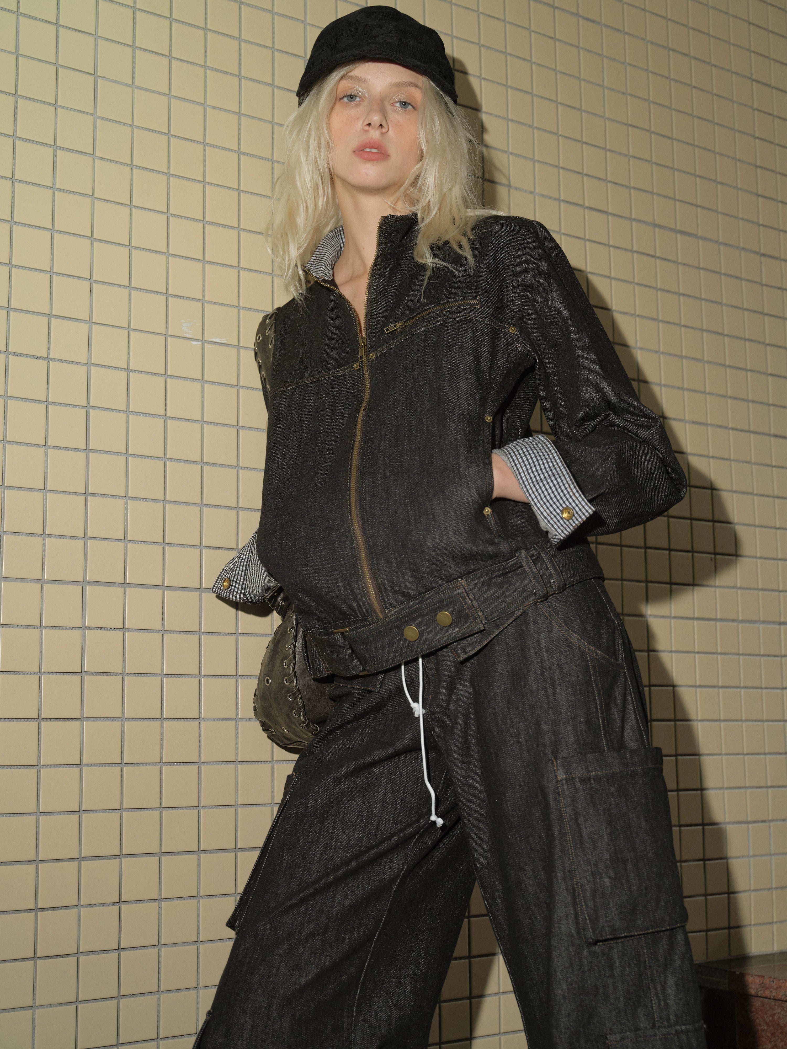 2th Desire复古立领撞色拼接工装机车夹克宽松廓形原牛牛仔外套女